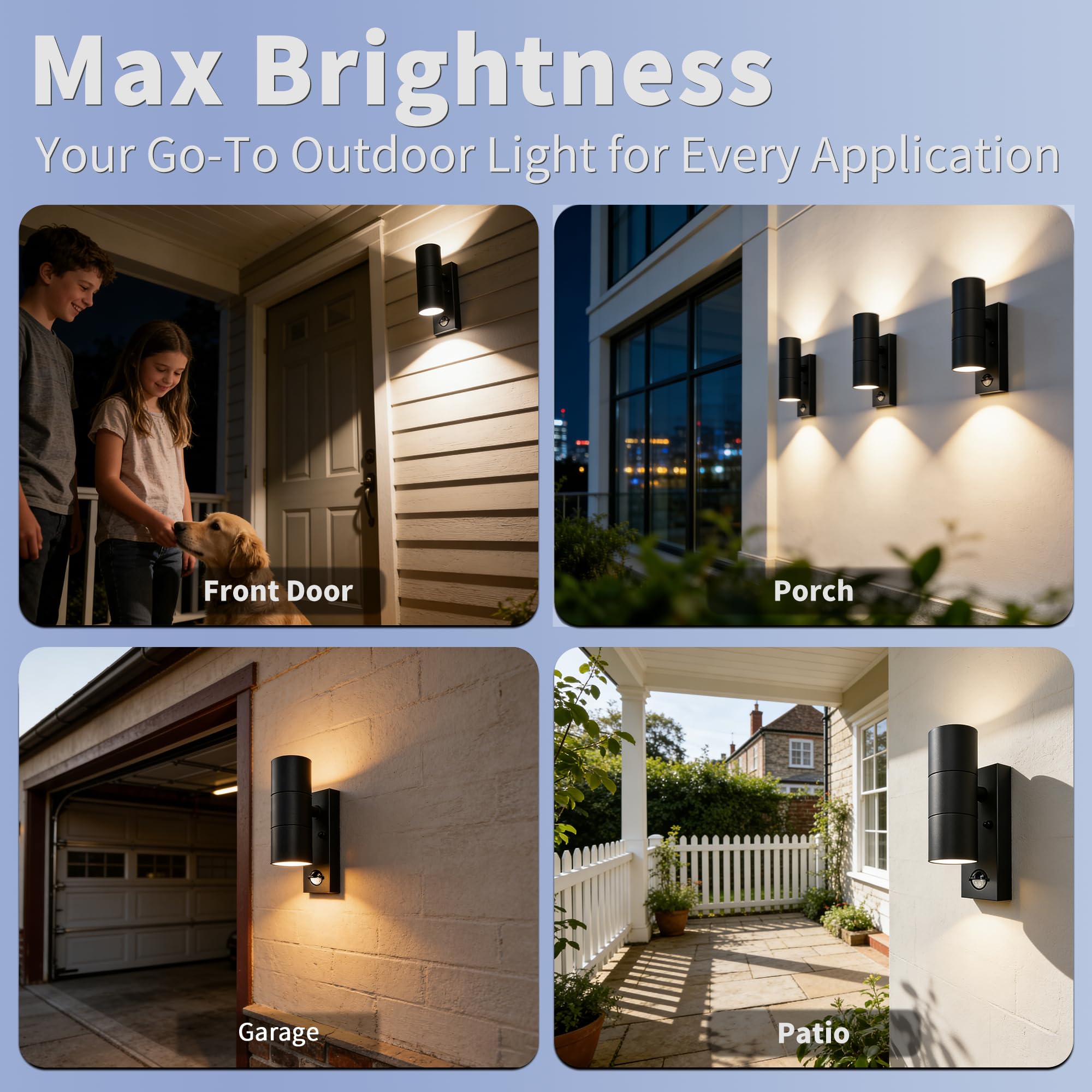 PIR Außenlampe mit Bewegungsmelder Up and Down 230V GU10 | Edelstahl Wandlampe Aussen mit 4×5W GU10 Glühbirne(3000 K),IP54 Wasserdichte LED Aussenleuchten Hauswand,2Stück-Schwarz