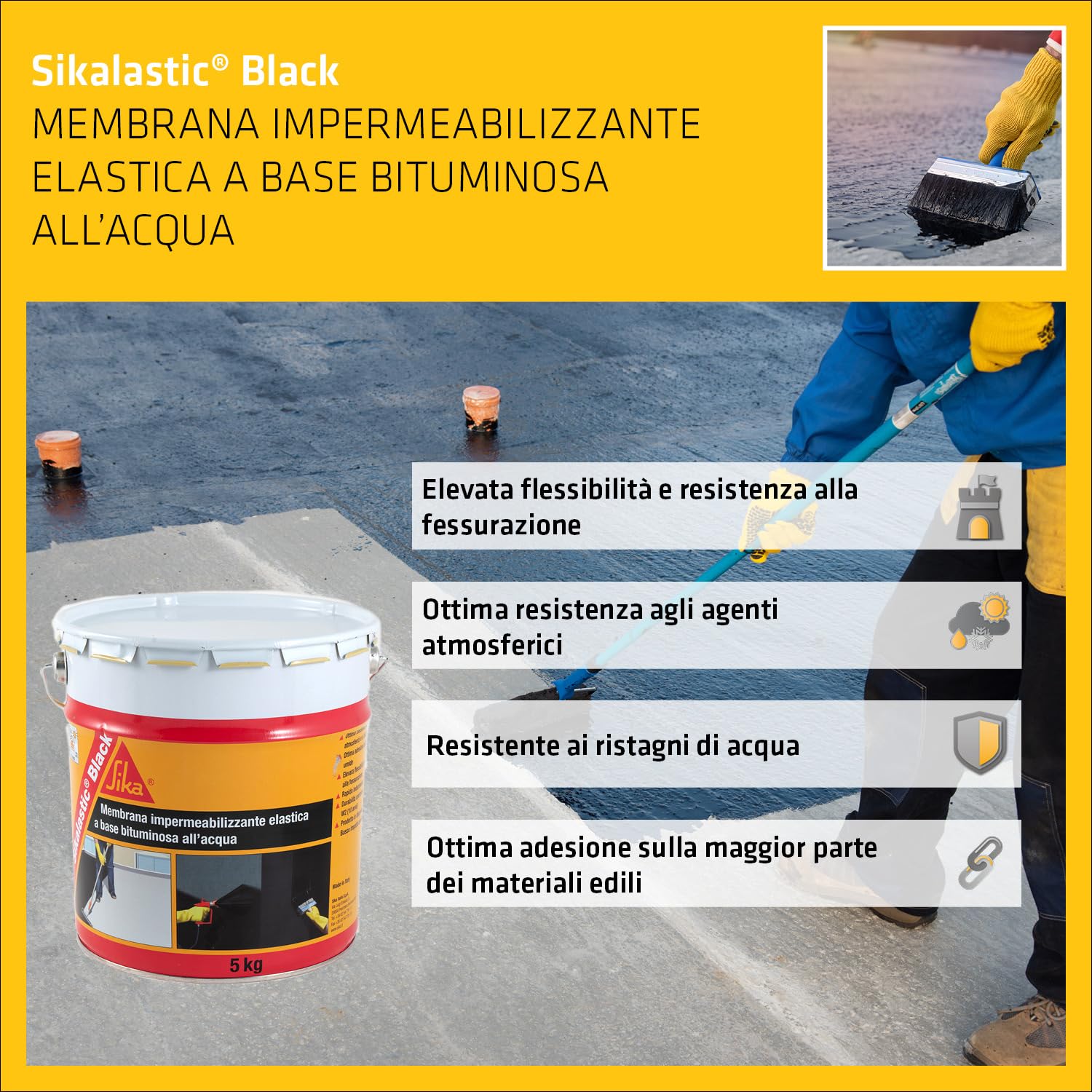 Sika - Sikalastic Black, Nero - Membrana impermeabilizzante bituminosa - Resistente agli agenti atmosferici ed ai ristagni di acqua - Latta da 5kg (Confezione da 2)