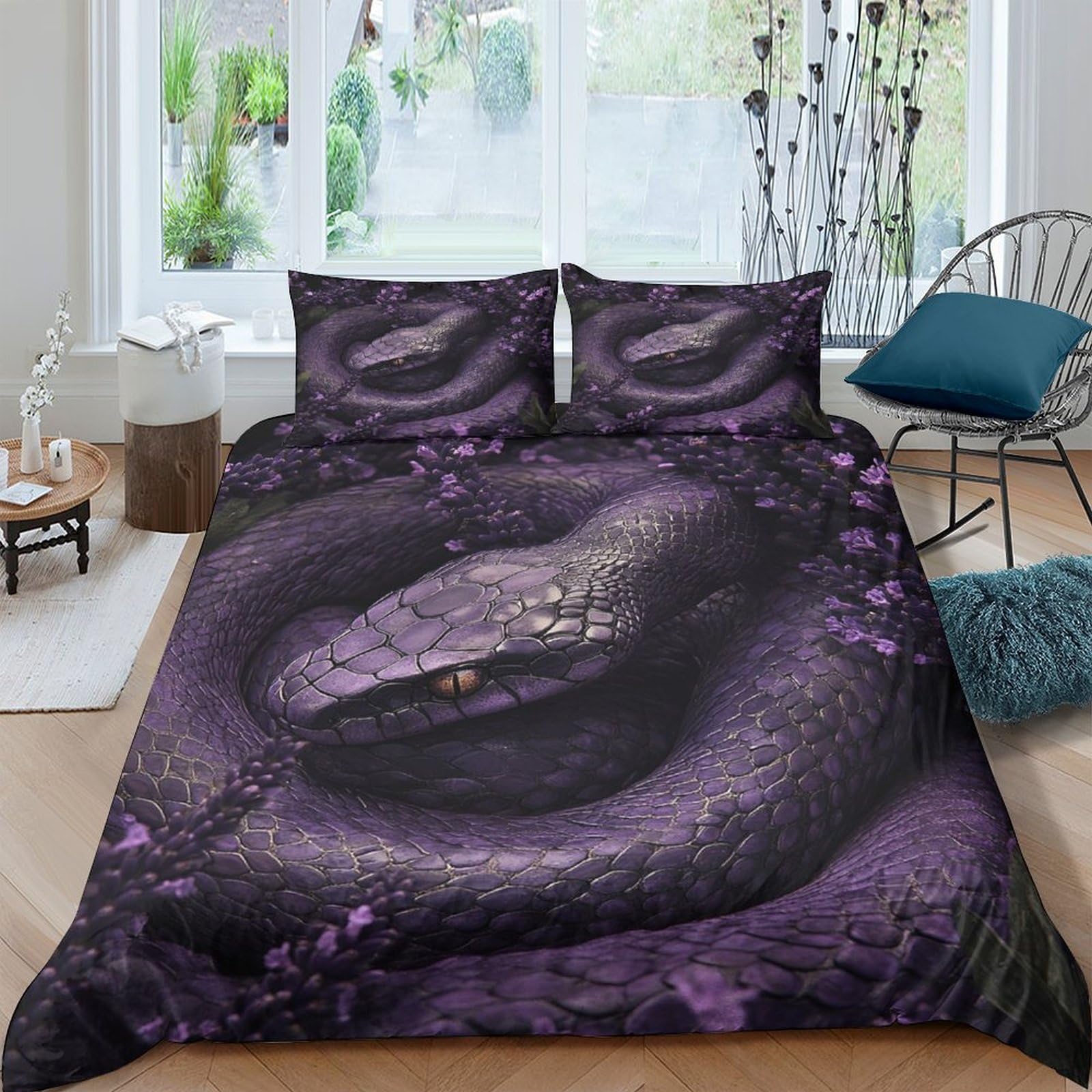 Ctjqhvkz Style-6 3D Printed Purple Snake Fitted Sheet Microfiber Soft Bedroom Decor Black Serpent Bed Cover For Mattress Protection Single（135X200cm）