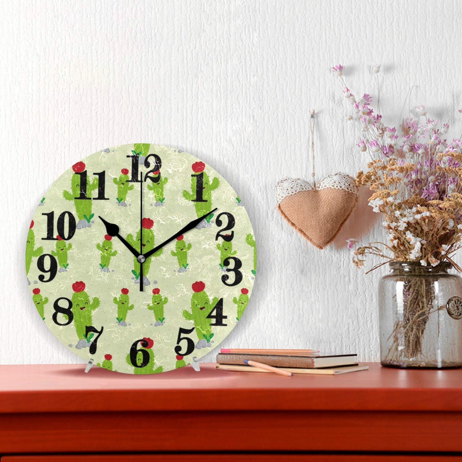 Orologio Da Parete Rotondo Con Cactus E Fiori - Quadro Ad Olio, Silenzioso, 24 Cm, Per Soggiorno E Camera