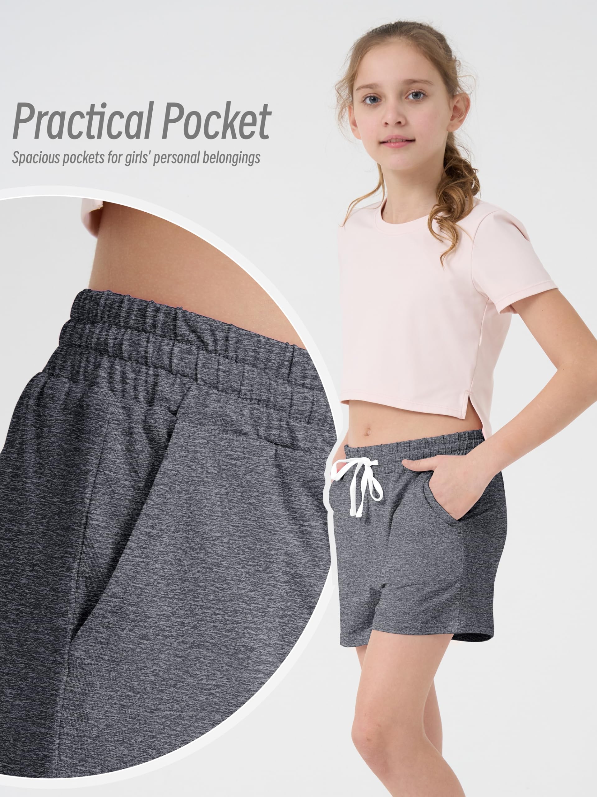 QWE Paquete de 5 pantalones cortos deportivos para niñas, para fútbol, correr, rendimiento, pantalones cortos deportivos de baloncesto con bolsillo con cordón