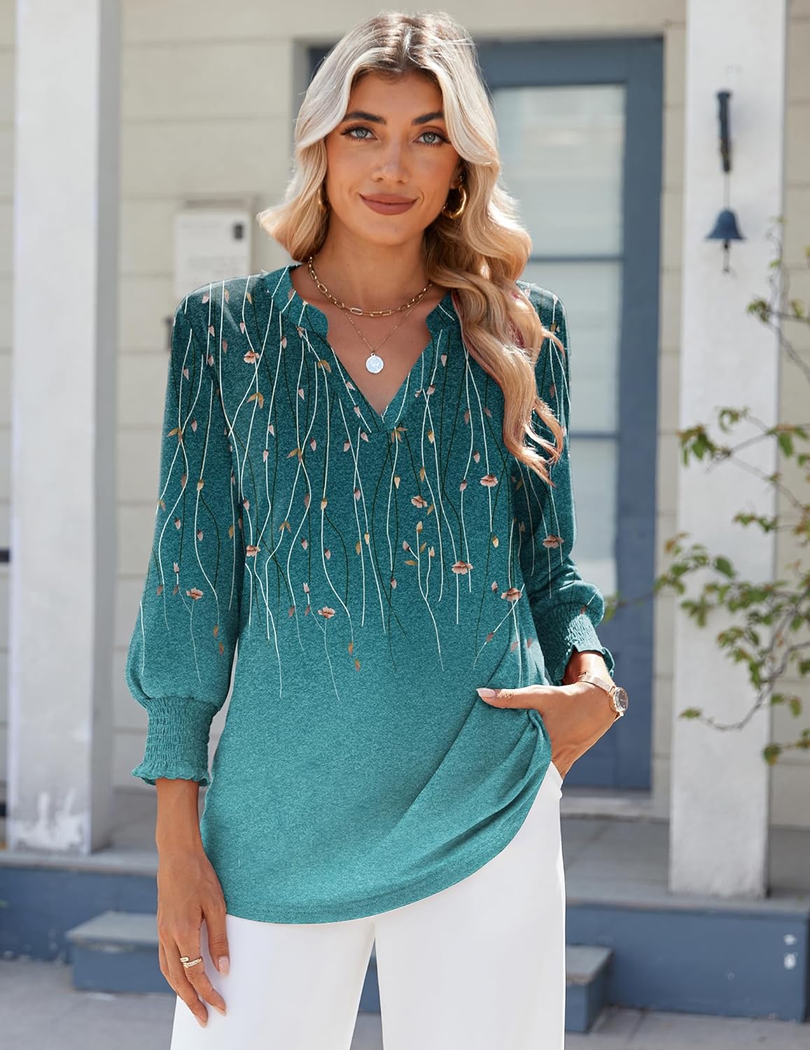 Zeagoo 3/4 Length Sleeve Womens Tops 2025 Floral Womens Blouses V Neck TunicTops with Smocked Cuffs - Image 6