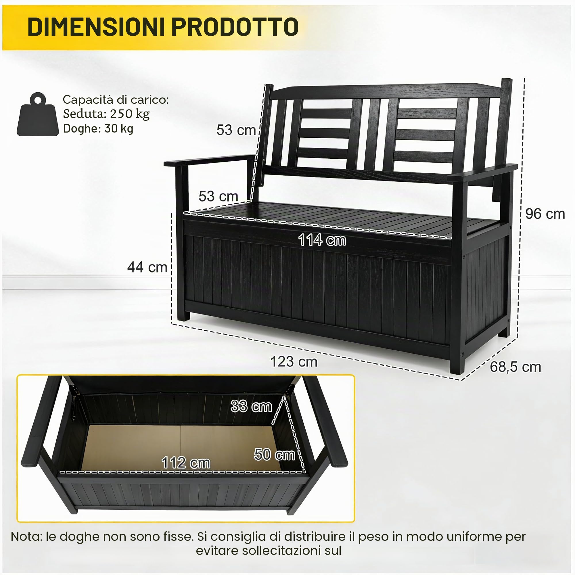 KOMFOTTEU Panchina da giardino a 2 posti, con spazio di archiviazione, panca esterna in legno di pioppo resistente alle intemperie, panca in legno con braccioli e schienale fino a 250 kg, panca da 123