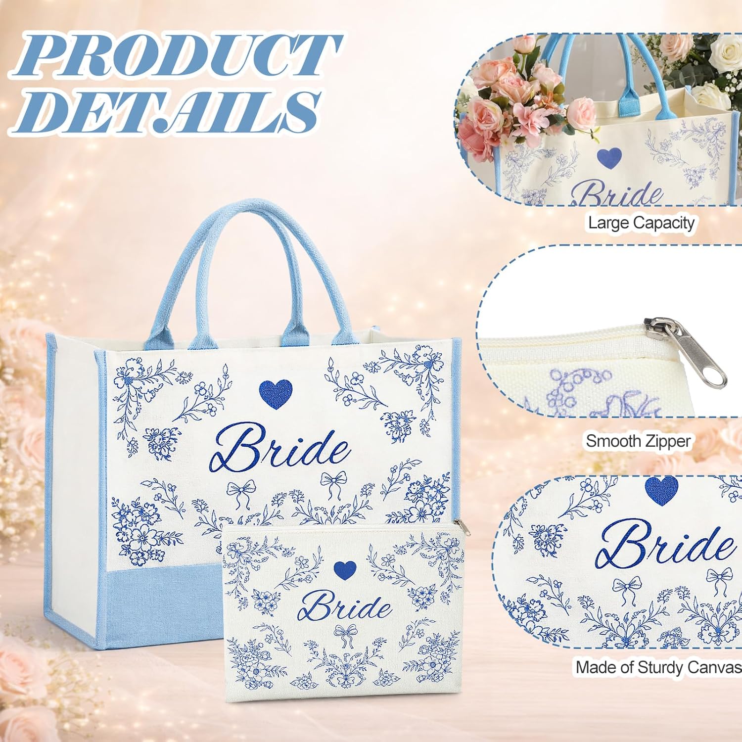 2 Pcs Tote Bag Bride Makeup Bag with Something Blue for Bride to Be for Bridal Shower Engagement Gifts Accessories Wedding Bachelorette Party Decorations