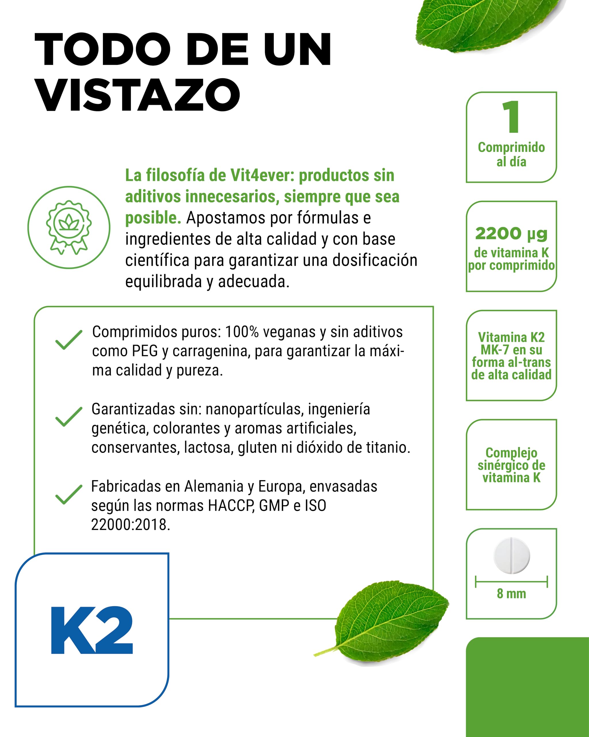 vit4ever Complex de Vitamina K - 180 Comprimidos - Alta Dosificación con 1000 µg de Vitamina K1 + K2 Menaquinona (1000 µg MK4 + 200 µg MK7) - Sin Aditivos innecesarios - Vegano