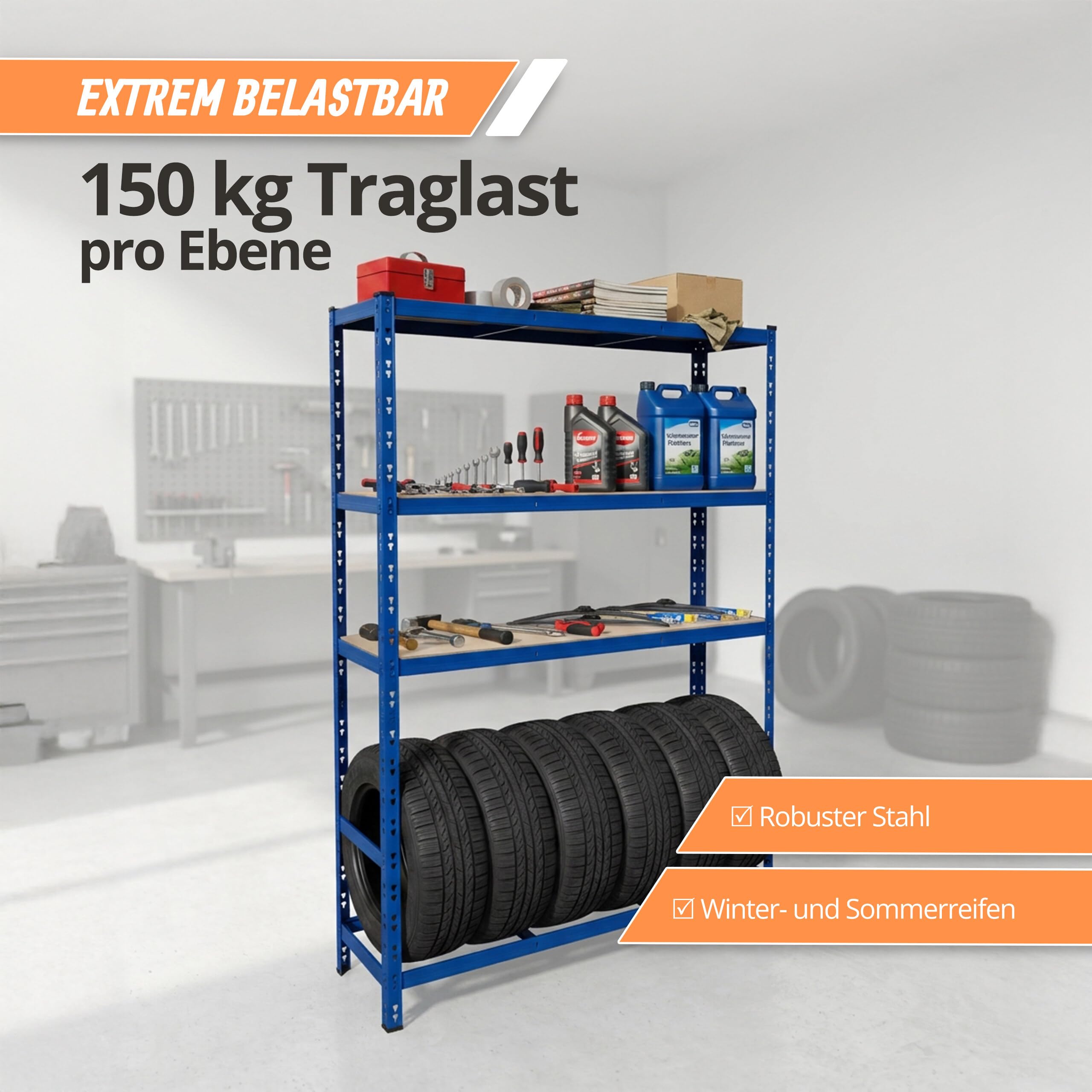 Relaxdays Reifenregal für 6 Reifen, HxBxT 180 x 120 x 40 cm, 600 kg, Stahl, Stecksystem, Reifenlager Werkstatt, blau