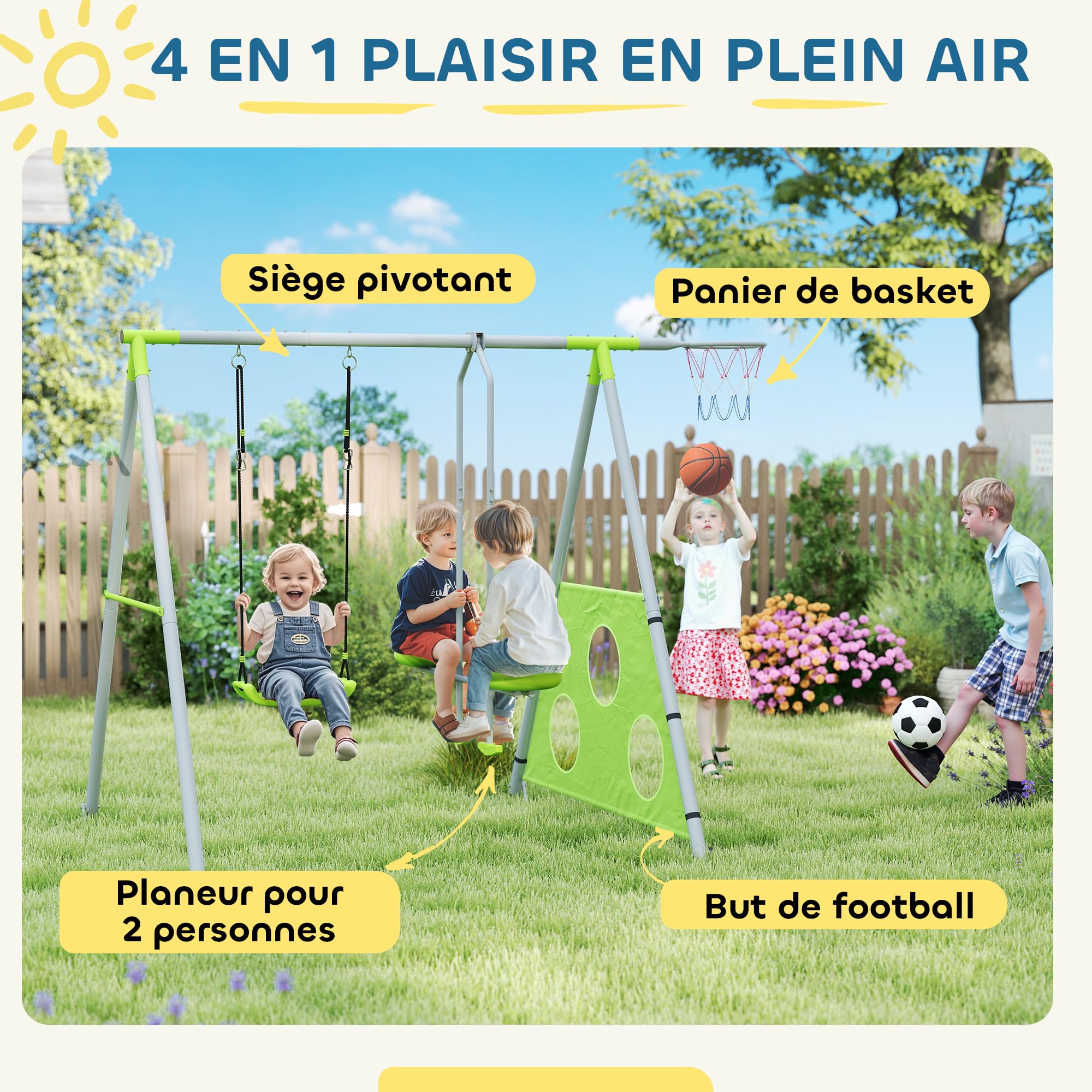 AIYAPLAY Balançoire Portique pour Enfant 4 en 1 pour 4 Enfants 135 kg Vert | 1 Agrès, 1 Face à Face, Panier de Basket-Ball, But de Football, Balançoire Enfant Extérieur, pour 3-8 ans