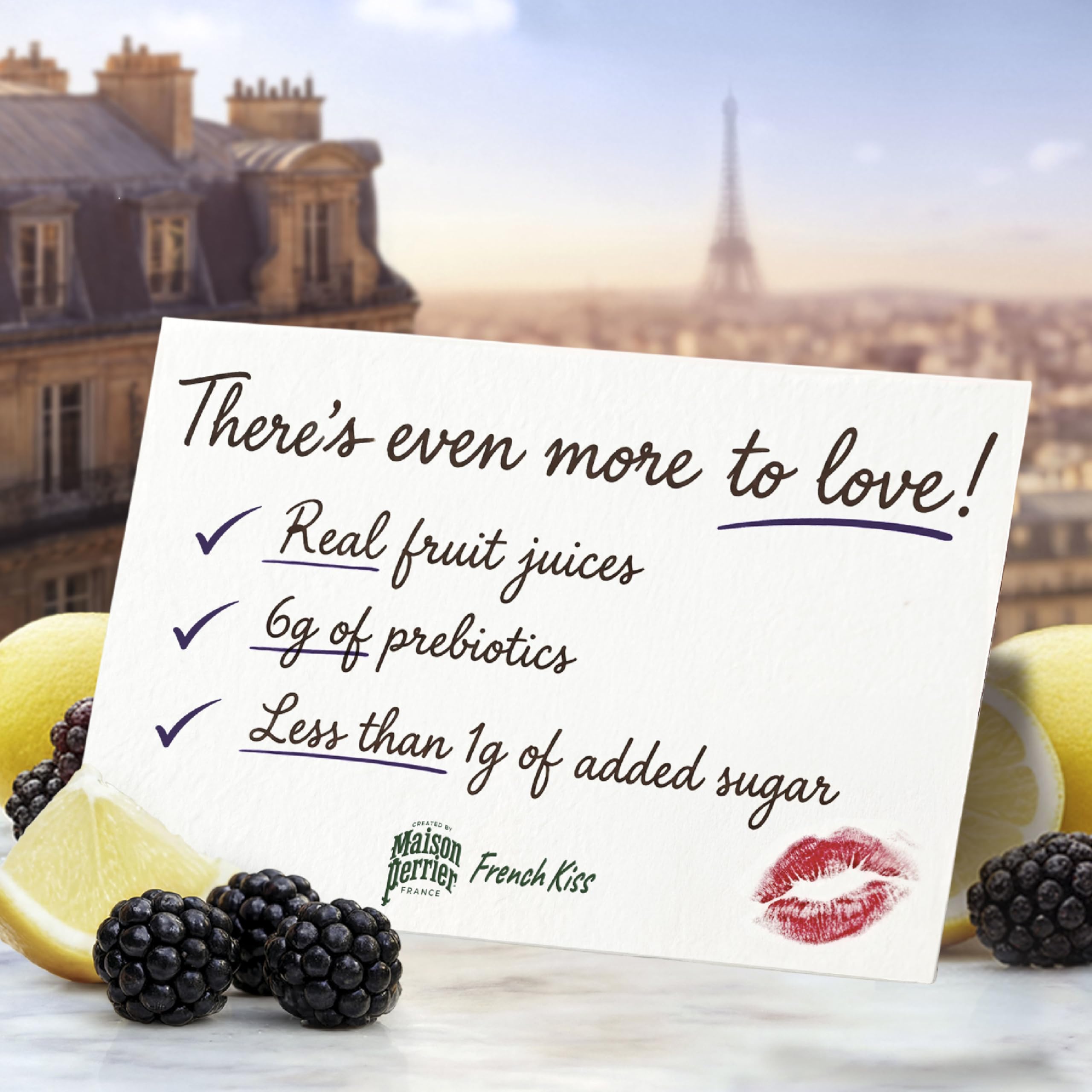 Maison Perrier French Kiss Sweetened Sparkling Juice Beverage, Blackberry & Lemon Flavors With Real Fruit Juices, 24Pk