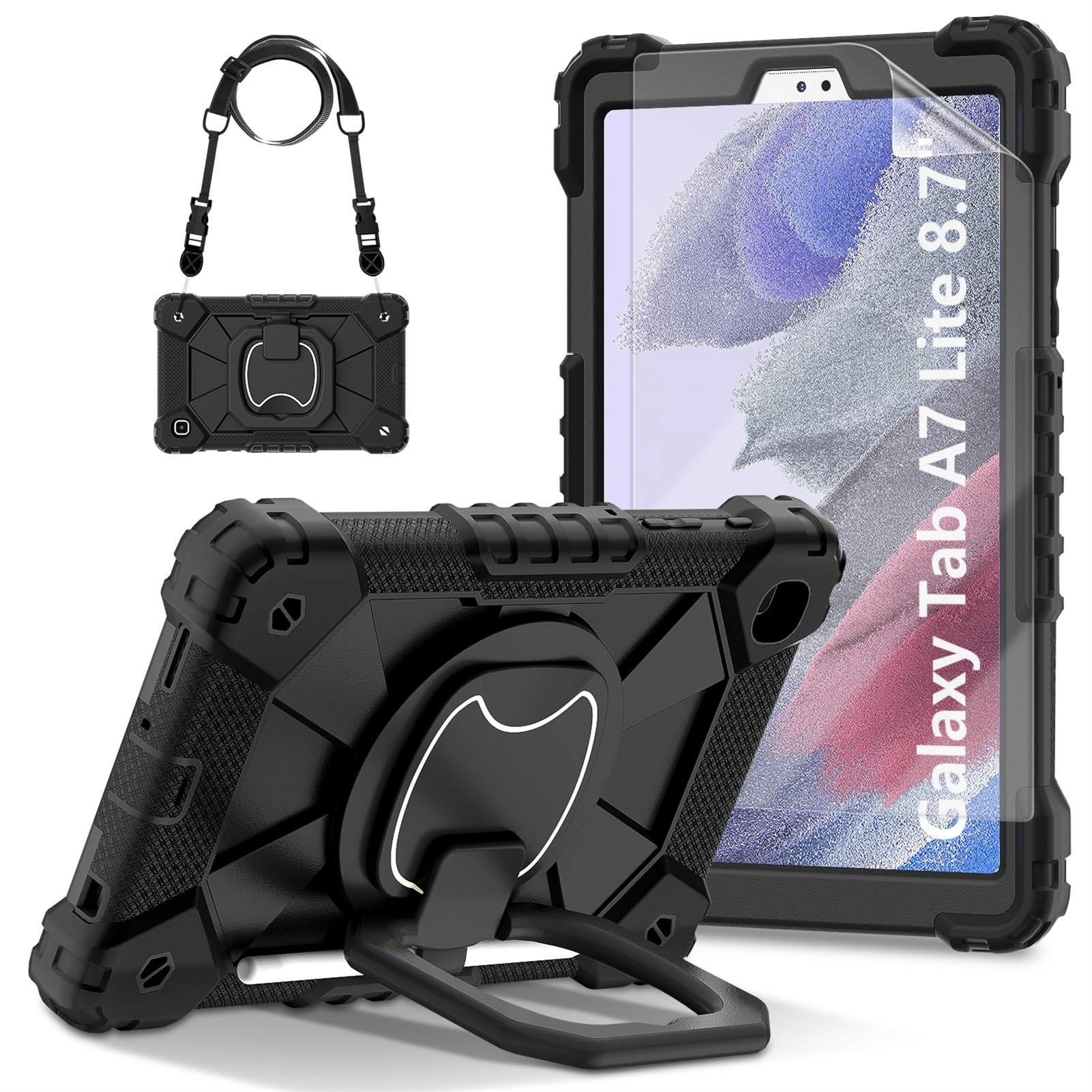 Case for Samsung Galaxy Tab A7Lite 8.7-inch 2021 (SM-T220/T225) with Screen Protector/Shoulder Hand Strap/Pencil Holder/Handle Grip/Rotating Stand, Rugged Armor Protective Cover Drop/Shock Proof Kids