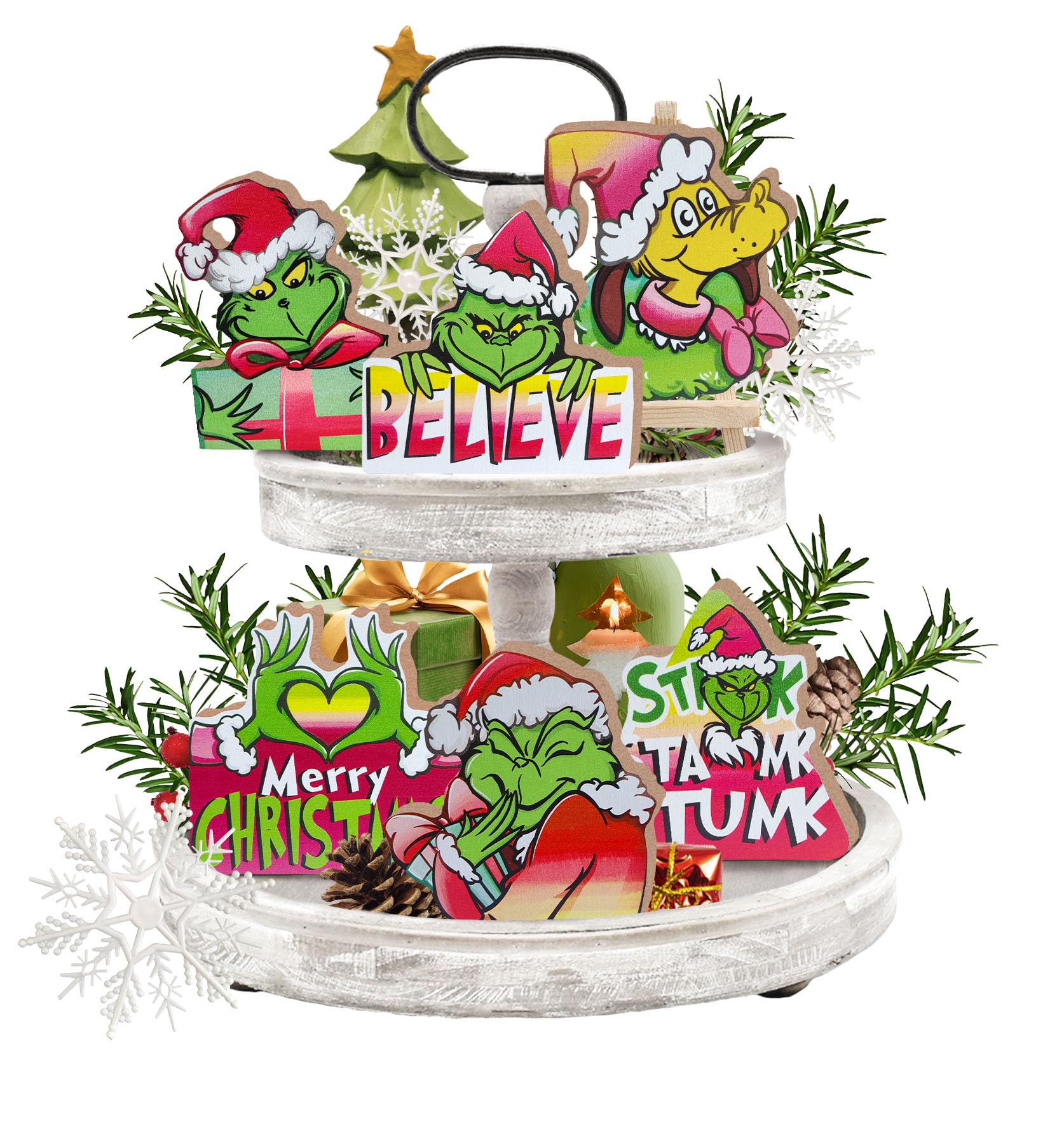 Guoofu Merry Christmas Tiered Tray Decor, Xmas Cartoon Max Dog Tray Decorations Set, Stink Stank Stunk Believe Winter Wooden Signs, Funny Holiday Farmhouse Rustic Home Decor for Table Shelf Party