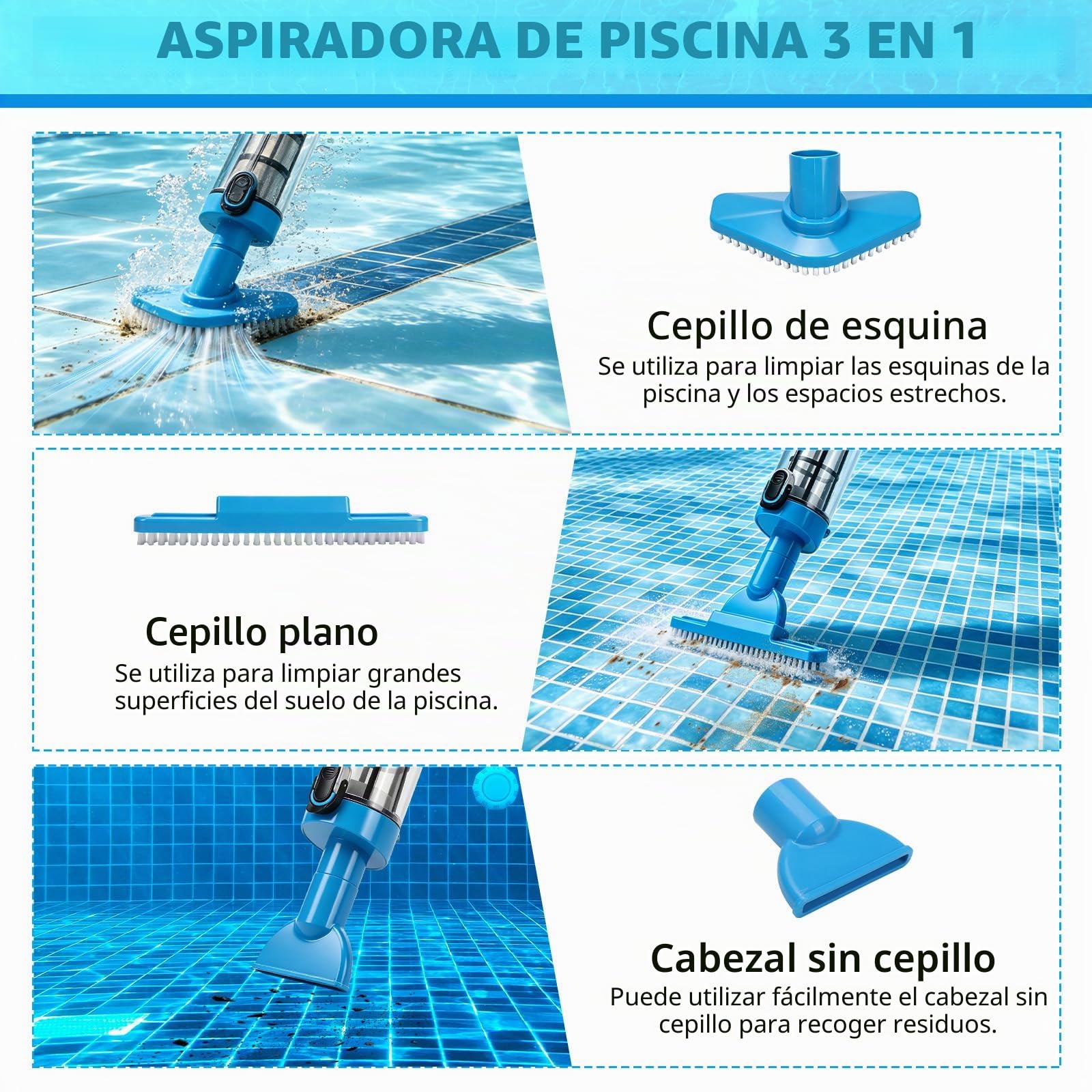 Aspirador de piscina inalámbrico con batería de 1600 mAh, 3 cabezales, máx. 165 cm | Limpiador de piscina portátil con barra de extensión, filtro, aspiradora para piscina, jacuzzi y piscina infantil