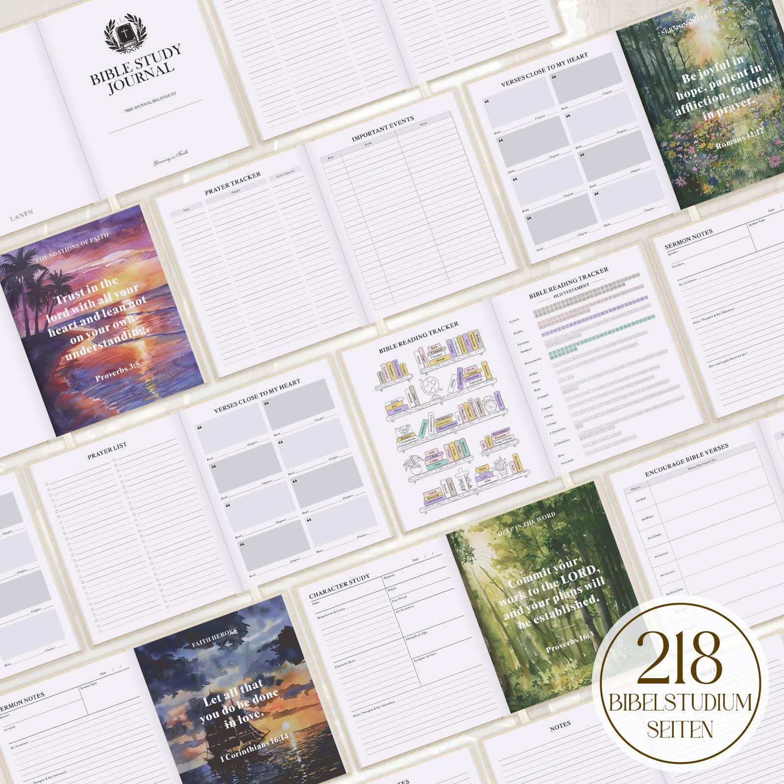 Lanpn Bible Study Journal Geschenke für Frauen, Bibel Studien Gebetstagebuch mit Textmarker & Aufklebern, Biblische Andachtsnotizbuch Christliche Kirchennotizen, Beige, Englisch