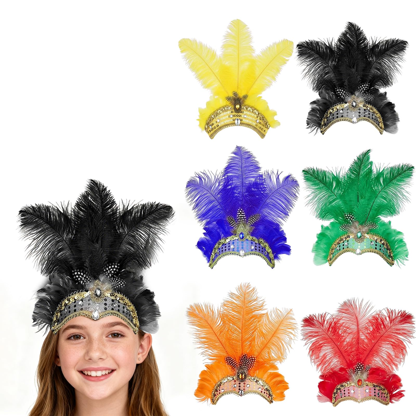FUNLOV Feather Headpiece for for Women Girls, Women's Carnival Feather Headpieces Sequin Headdress for Wedding, Masquerade Party, Cosplay, Showgirl Headbands Accessories (Black)