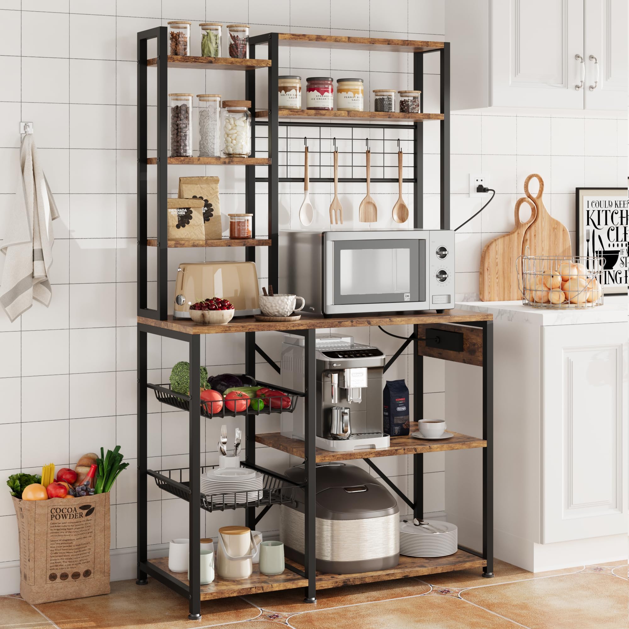 GarveeHome Étagère Cuisine 7 Niveaux avec Prise électrique – Support Micro-Ondes, paniers métalliques, Station café et Rangement épices – Noir