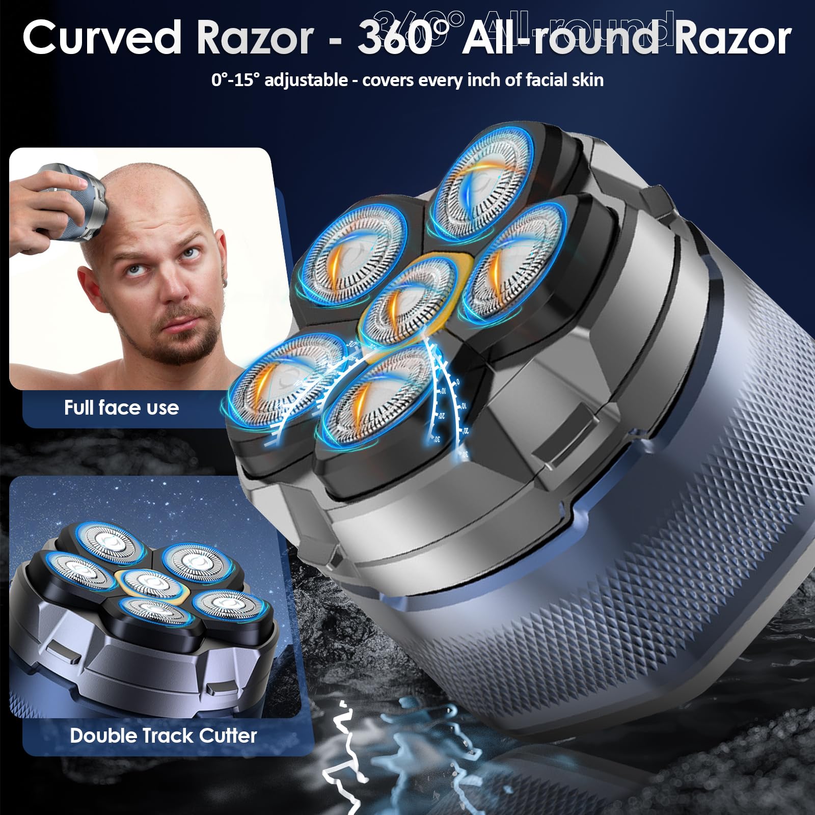 Journeyside Rasoir Tete Chauve Homme, Rasoir Electriques Hommes,6D Rasoir Tete Hommes IPX7 Étanche pour Utilisation Humide et Sèche,Rasoir Chauve Sans Fil Adapté Toilettage Visage et Coiffage Chauve