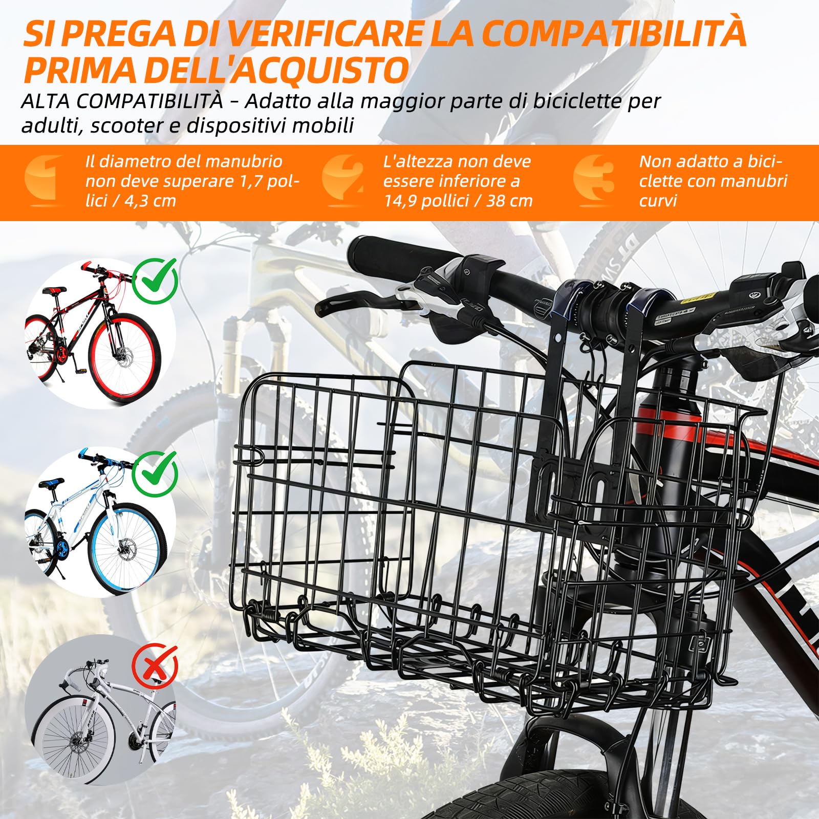 Cestino da bicicletta unisex per bicicletta, rimovibile, grande capacità, adatto per e-bike, mountain bike, city bike e biciclette per il tempo libero. (cestino pieghevole anteriore)