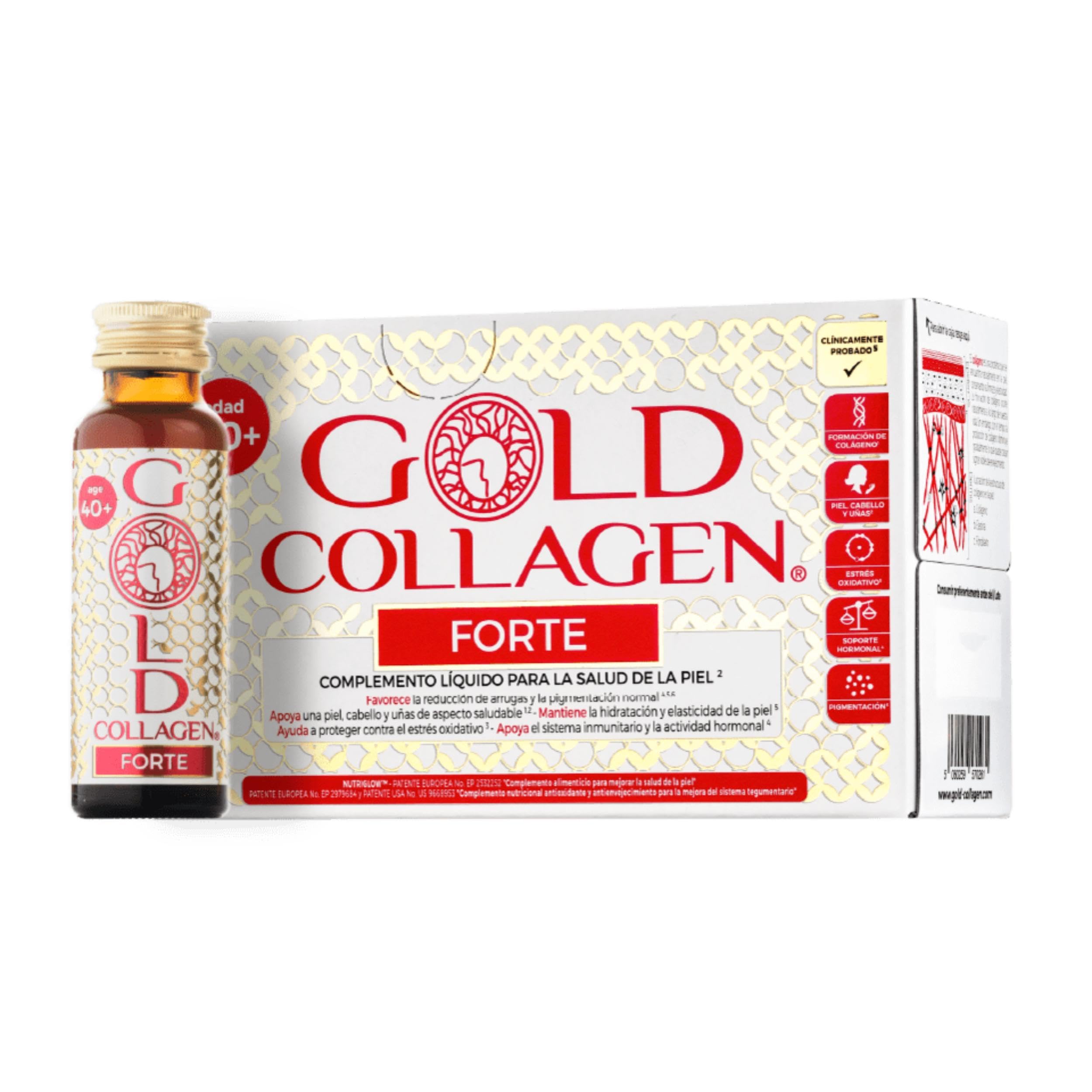 GOLD COLLAGEN Forte - Complemento de Colágeno Marino Hidrolizado Antiarrugas para Sistema Inmunitario con Vitamina C y Ácido Hialurónico, Biotina para el Cabello Piel y Uñas 1 Caja 10 Botellitas 50 ml