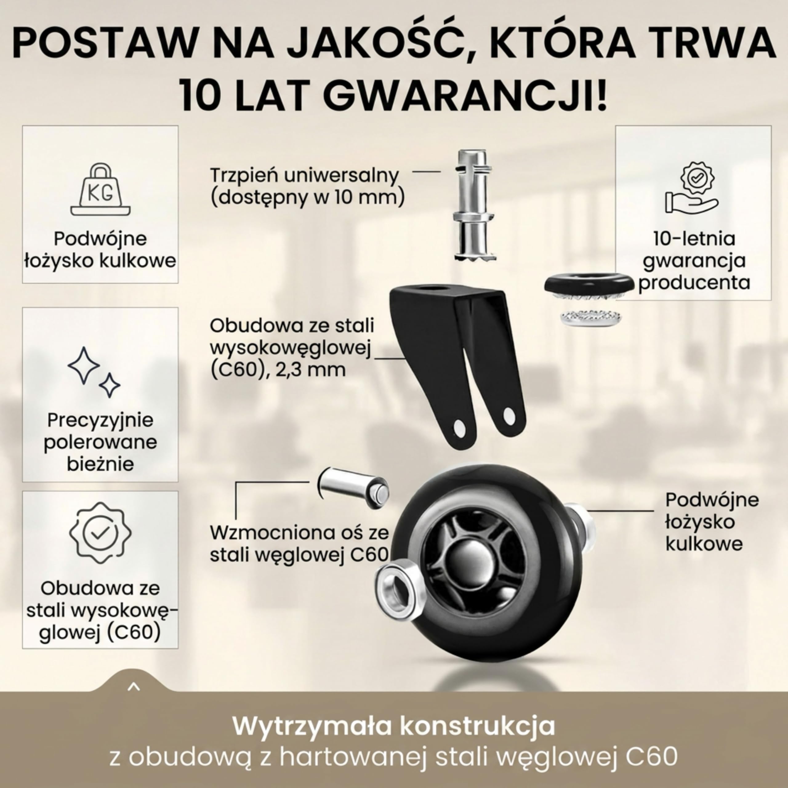 Kółka zamienne do krzesła biurowego, do parkietu, dywanu, twardej podłogi 10x22 mm kompatybilne z IKEA czarne – maks. obciążenie 400 kg – Invictus ProGlide zestaw 5 kółek