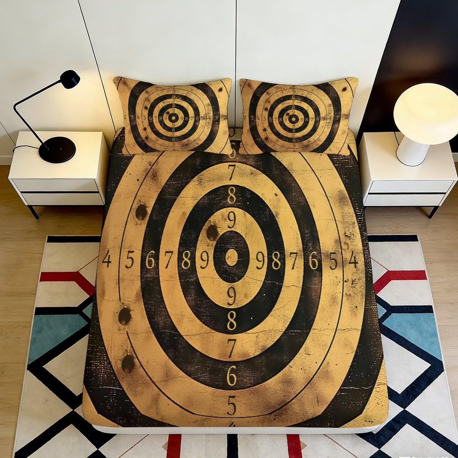 3D Printed Vintage Target Fitted Sheet Microfiber Soft Black Gold Dartboard Bed Cover for Bedroom Guest Room Decor Protection 90x200x25cm