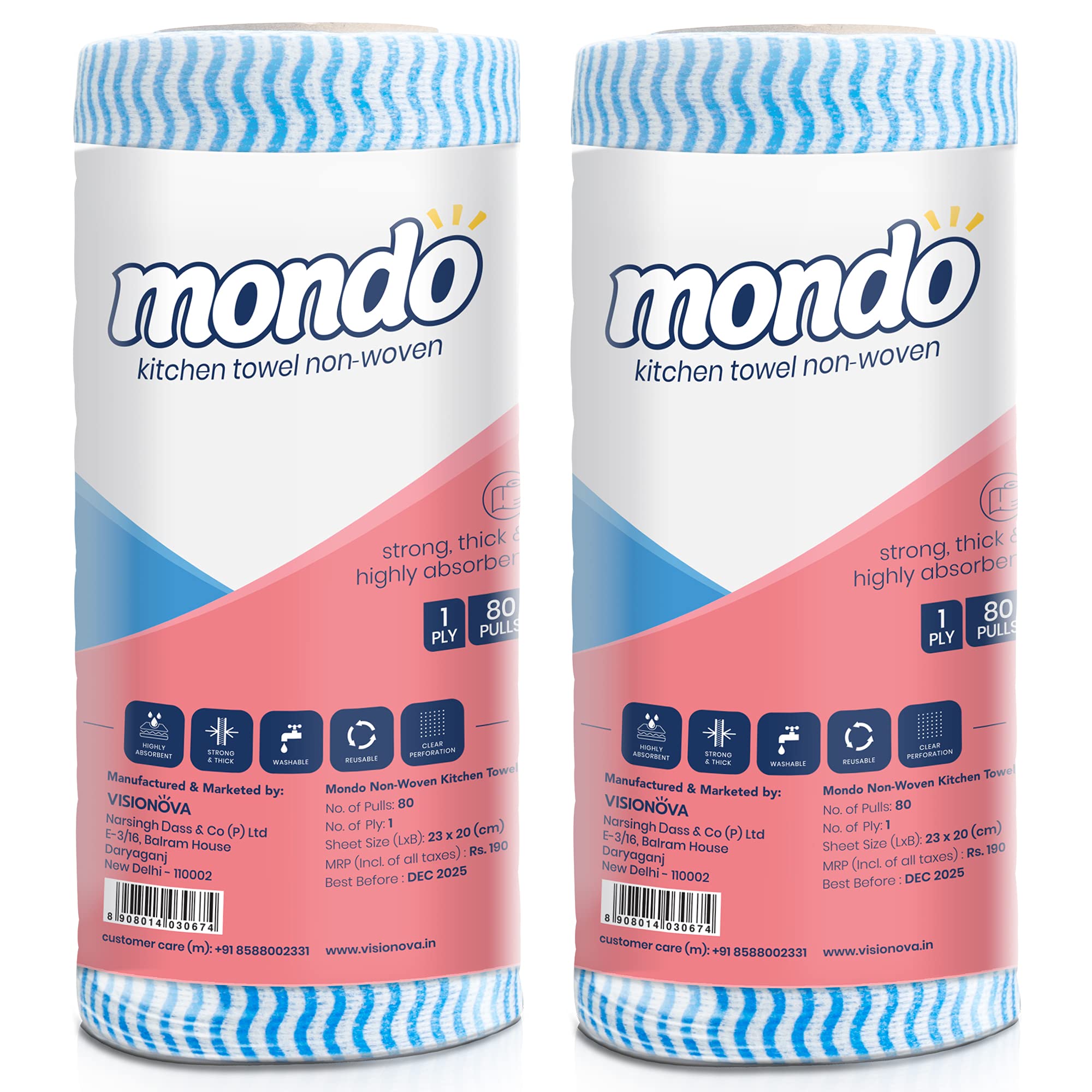 Mondo Kitchen Wipes for Cleaning (1 Ply, 80 Pulls) | Pack of 2 Kitchen Rolls | Washable & Reusable Tissue Roll for Kitchen | Soaks Oil Spills Quickly | Kitchen Cleaning Wipes | Kitchen Roll Reusable