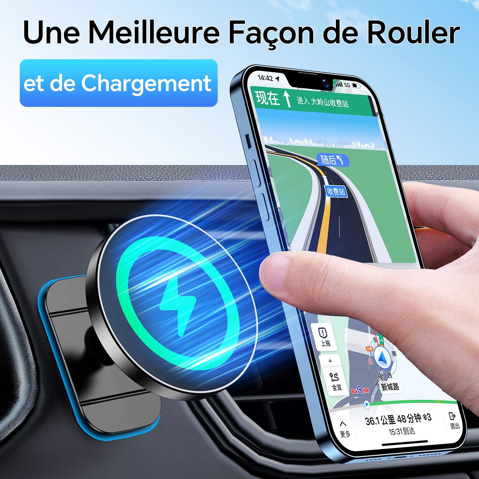 Coolpow 15W Support Telephone Voiture Induction【Super Aimants】Chargeur Magsafe Voiture Accessoires Support Aimant Telephone Voiture Magnetique Chargeur sans Fil pour iPhone 17 16 15 une coque MagSafe