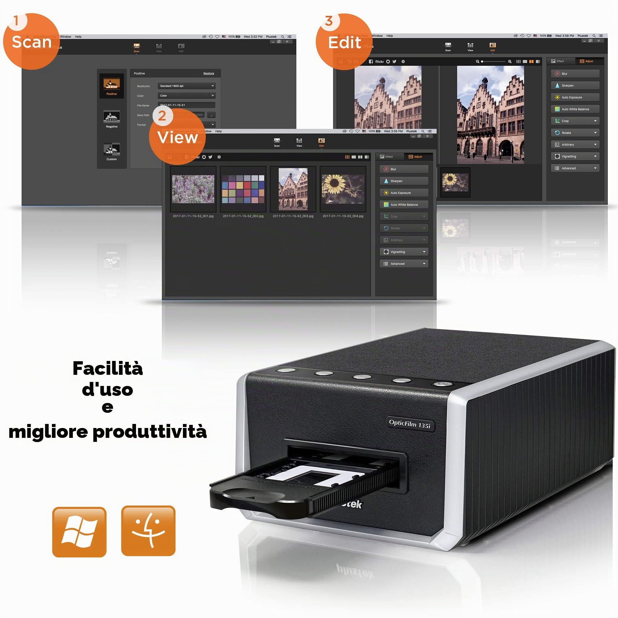 Plustek OpticFilm 135i - Scanner automatico per pellicole e diapositive, Batch converte diapositive da 35 mm e negativi per pellicole, 7200 dpi e polvere infrarossa