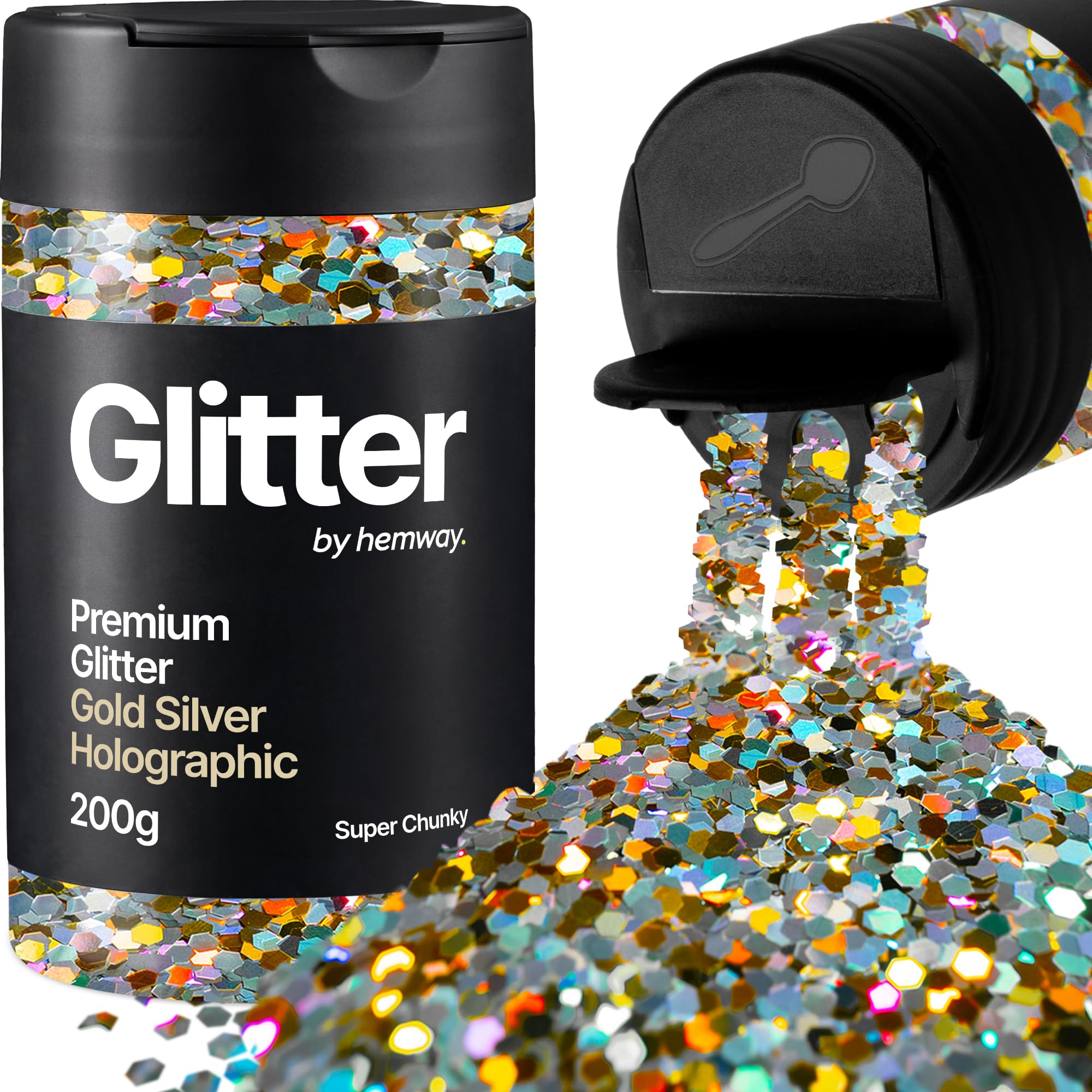 Hemway Gold Silver Holographic Glitter Shaker, 200g Super Chunky Glitter for Crafts Metallic Flake Sequins for Resin & Epoxy Crafts for Decorating, Halloween, Christmas, Nail, Face, Art — image 1