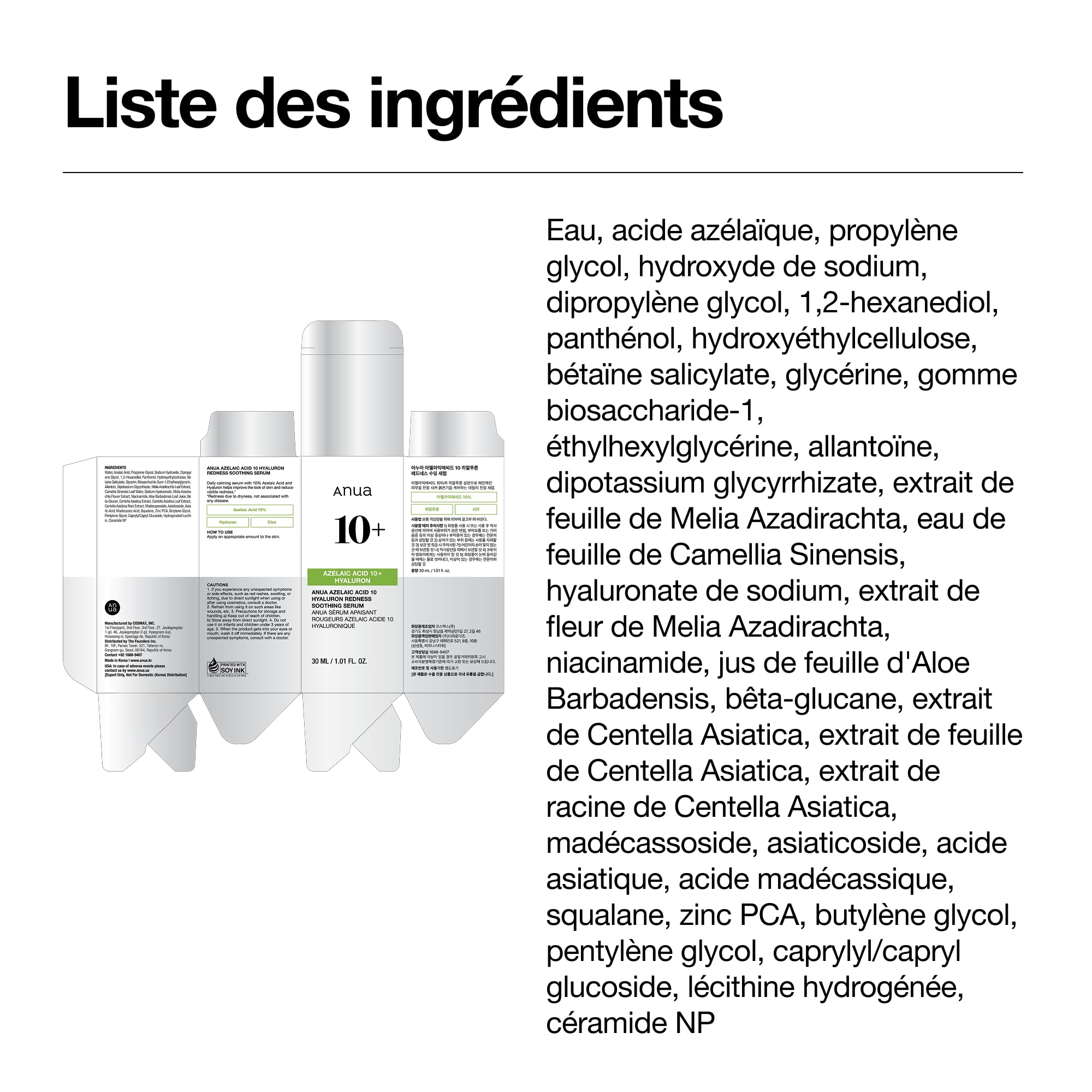 Anua Sérum Acide Azélaïque 10% – Serum Visage Apaisant Rougeurs & Imperfections, Acide Hyaluronique & Niacinamide, Peau Sensible, Skincare Coréenne, (30ml/ 1.01 fl oz.)