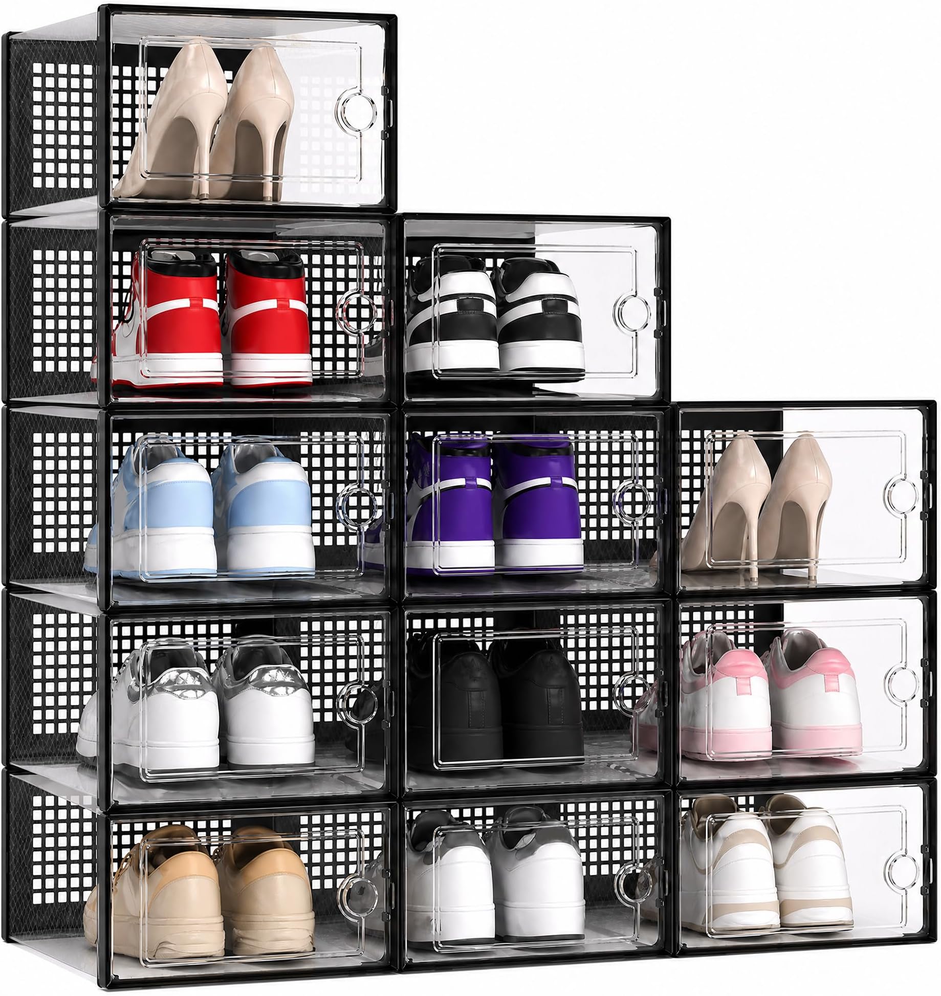 – Kuject Large Shoe Boxes, Fit UK Size 12, Clear Stackable Shoes Storage Organiser, Plastic Sneakers Containers, Substitute for Shoe Rack, Space Saving for Entryway, Closet, 12-Pack, Black
