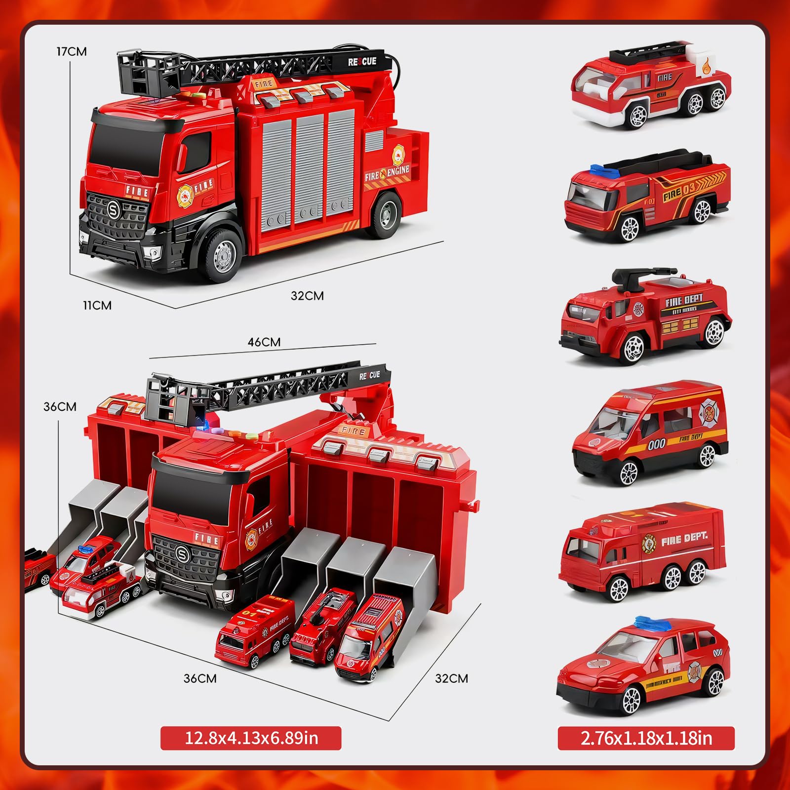 Großer Feuerwehr Truck Spielzeug, Rettungsfahrzeug Set mit 6 Mini Autos, Feuerwehrauto Autotransporter Spielzeug für Kinder ab 2 3 4 Jahren Kindergeburtstage und PD