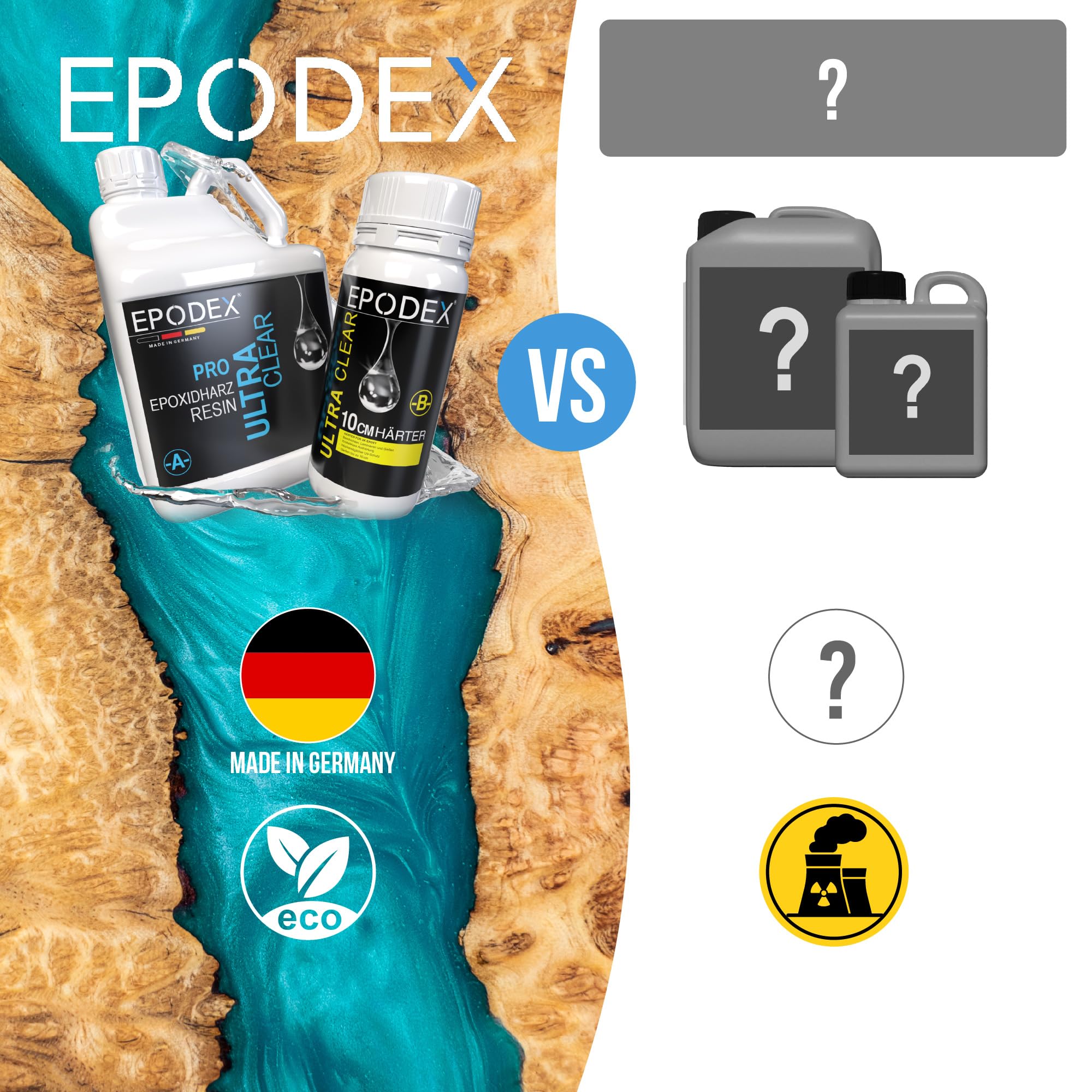 EPODEX Epoxidharz Set PRO MAX, bis 10cm, CLEAR - Transparent, 1,5kg | Kristallklares Epoxy Resin Set, Harz Gießen Set River-Tische, Lampen, Projekte mit hohen Form- und Gussteilen