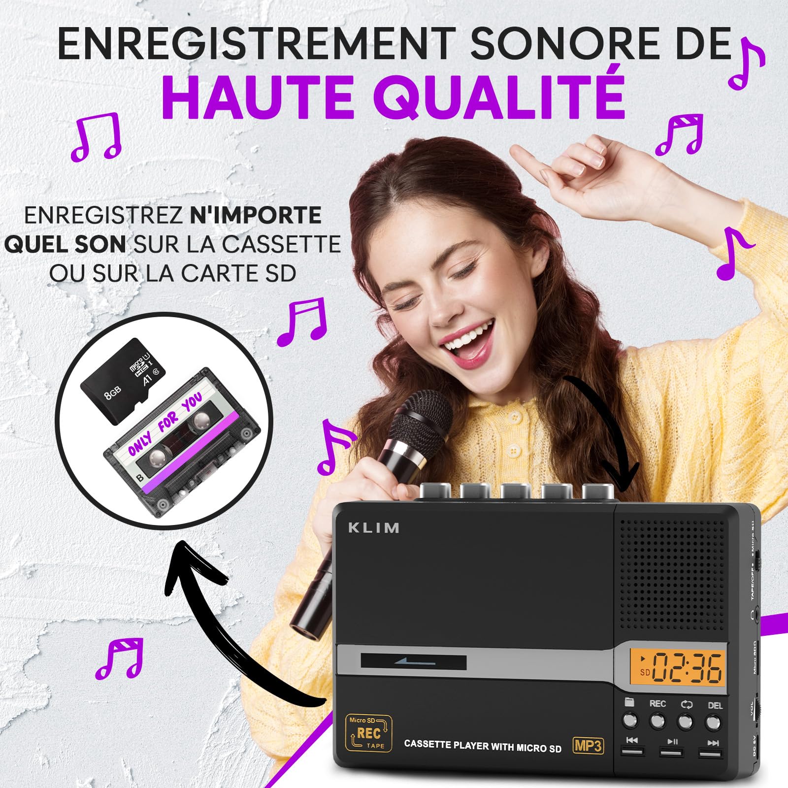 KLIM K10 Lecteur Cassette Audio & Enregistreur, Baladeur Cassette & Convertisseur en MP3 + Micro & Haut-Parleur Intégrés + Transfert USB PC + Piles/USB + Carte SD 8 Go + Écouteurs - Noir