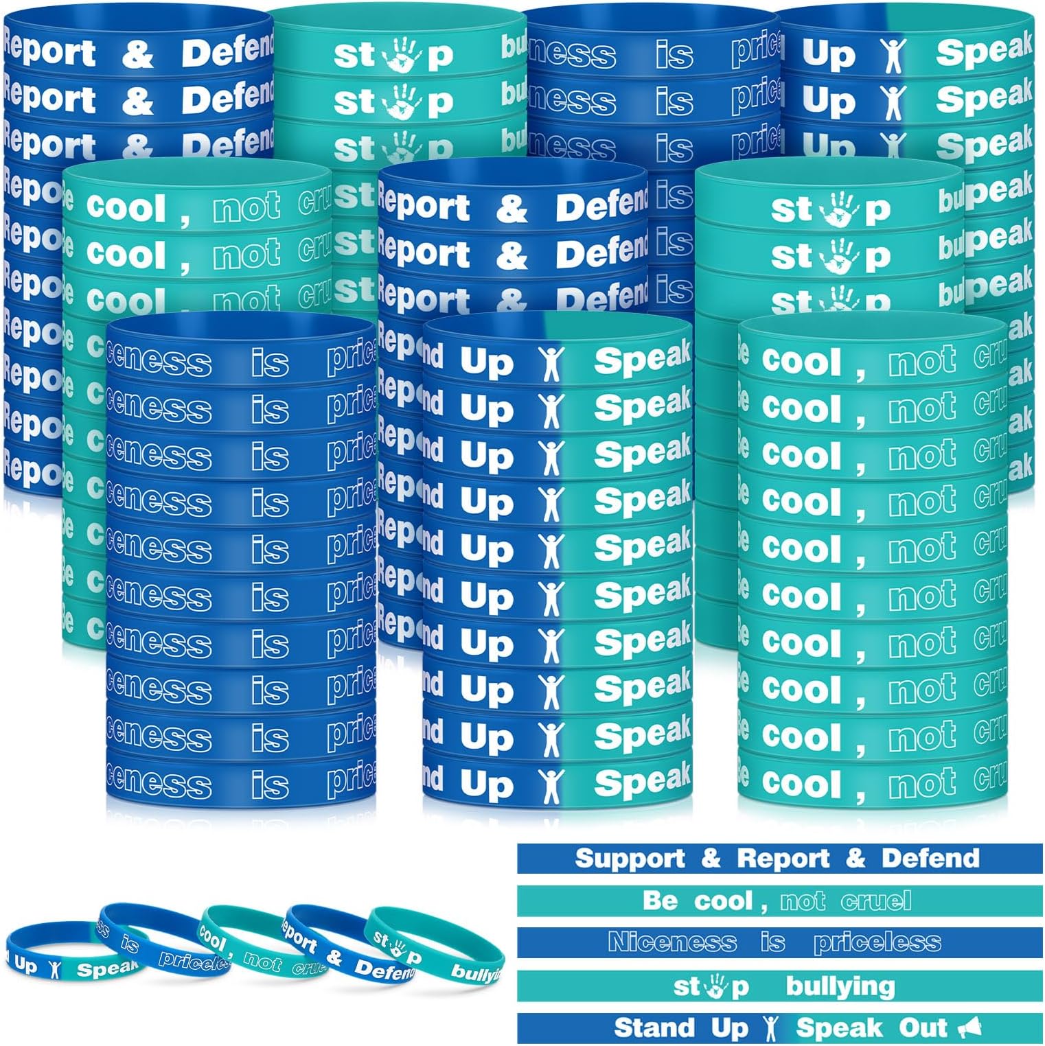 Anti Bullying Wristbands Bulk Silicone Bracelet Against Bullying Silicone Bands for Anti Bullying Awareness Fundraising, 5 Styles