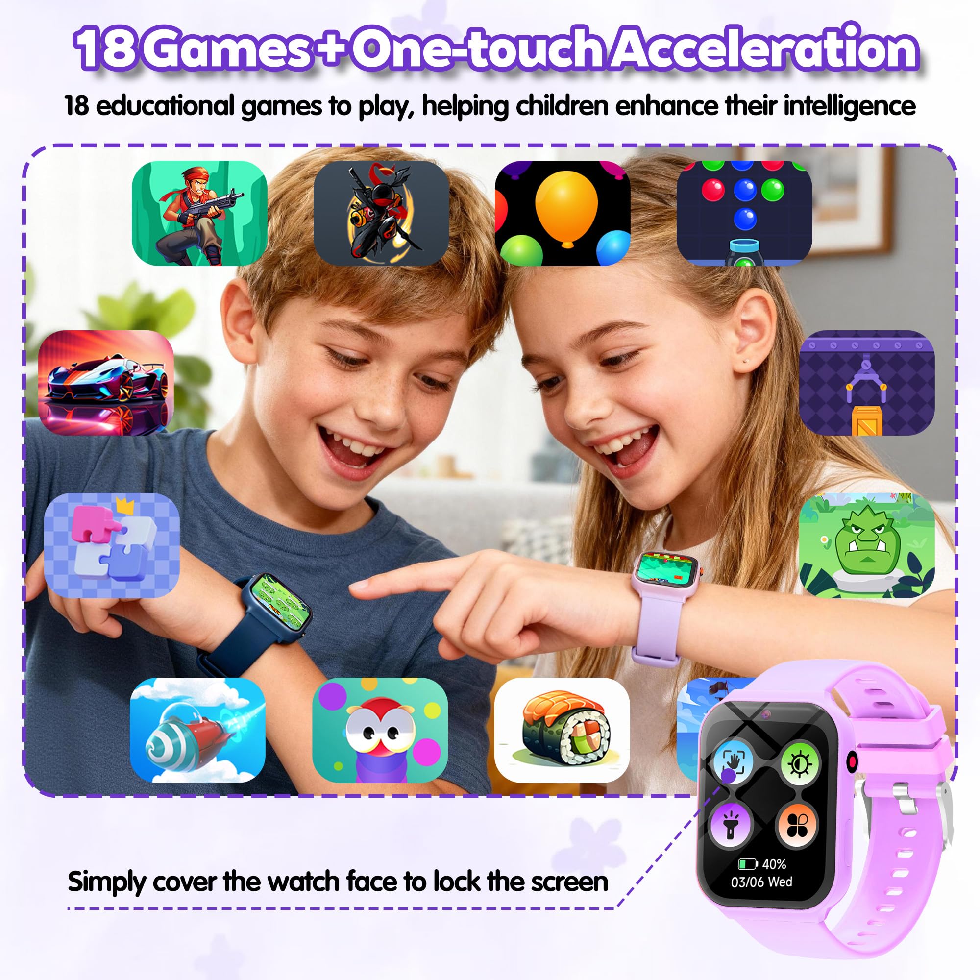 Smartwatch Bambini – 18 Giochi Educativi (Matematica e Logica) con Fotocamera e Monitor del Sonno | Schermo Touch 1,83", Contapassi, Sveglia | Activity Tracker Regalo per Ragazze e Ragazzi