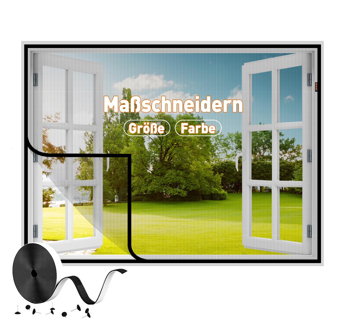 MAGZO Anpassend Fliegengitter Fenster Ohne Magnetöffnung Breite größer als 150 cm, Fiberglasgewebe Insektenschutz Fenster Montage ohne Bohren, Fliegengittertür ohne Magnetverschluss