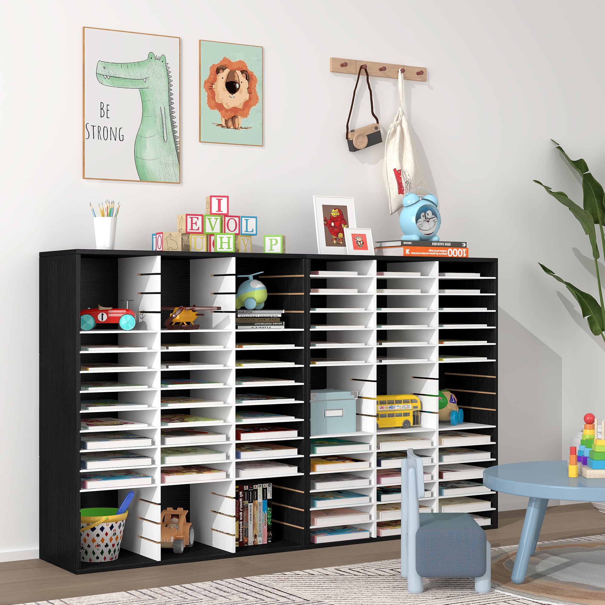 EasyPAG Organizzatori di letteratura da ufficio con 48 scomparti con ripiani regolabili, in legno, per ufficio, casa, aula, organizzazione postale, nero/bianco