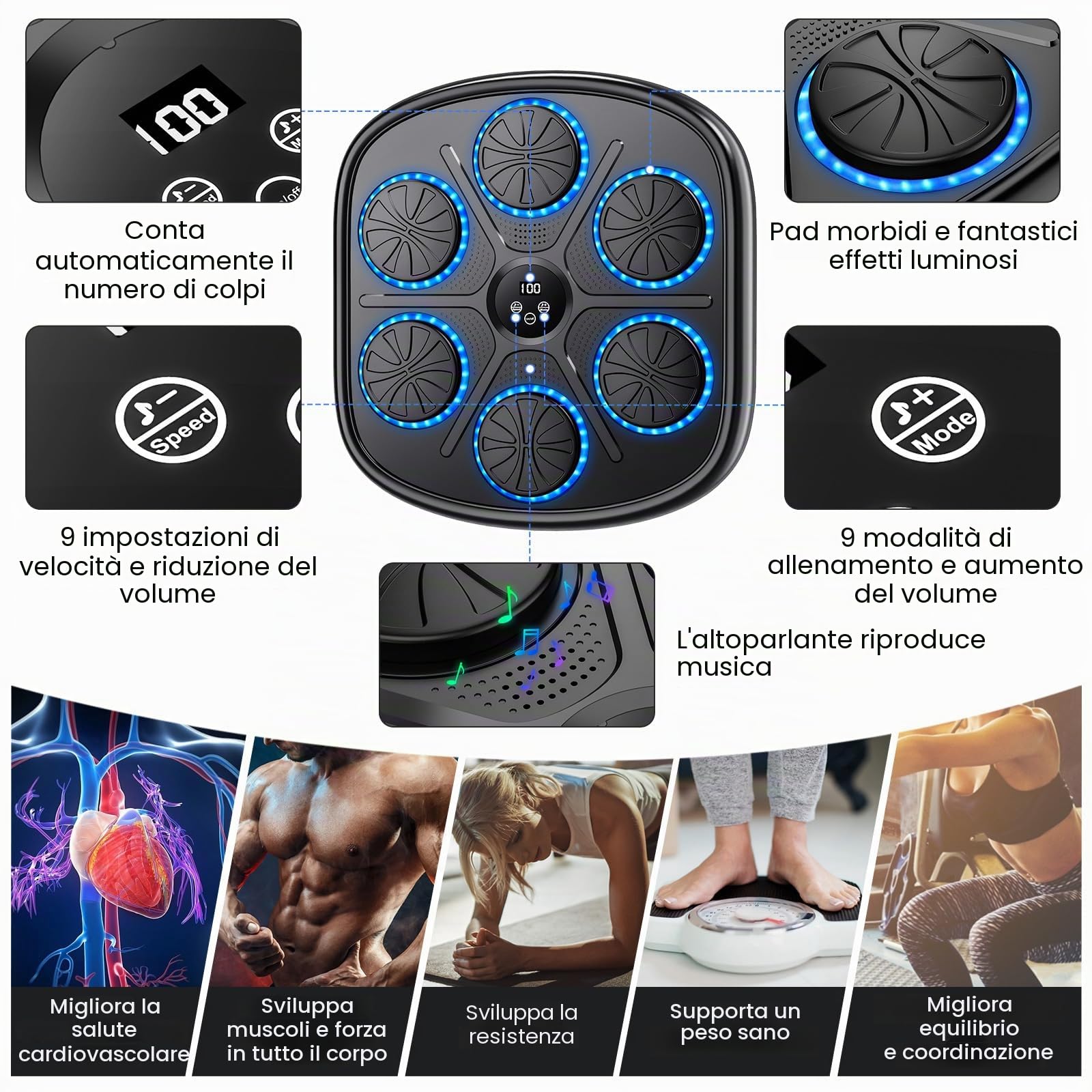 Music Boxing Machine, 2025 Nuovo Macchina di Boxe Musicale Intelligente con 9 Velocità e Modalità di Allenamento, Supporta Bluetooth, Contatore Automatico, Tira Pugni Boxe Parete per Adulti e Bambini