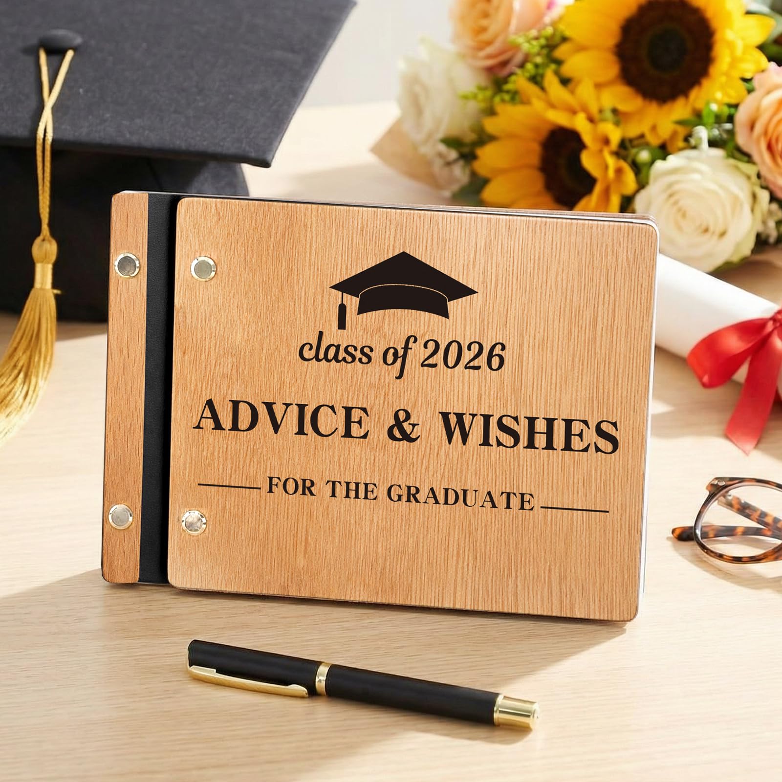 Motiskyy Advice & Wishes Graduation Guest Book Class of 2026 Grawerowana drewniana pamiątka rustykalny podpis znak na przyjęcie dla absolwentów szkoły średniej lub college"u ukończenie szkoły średniej