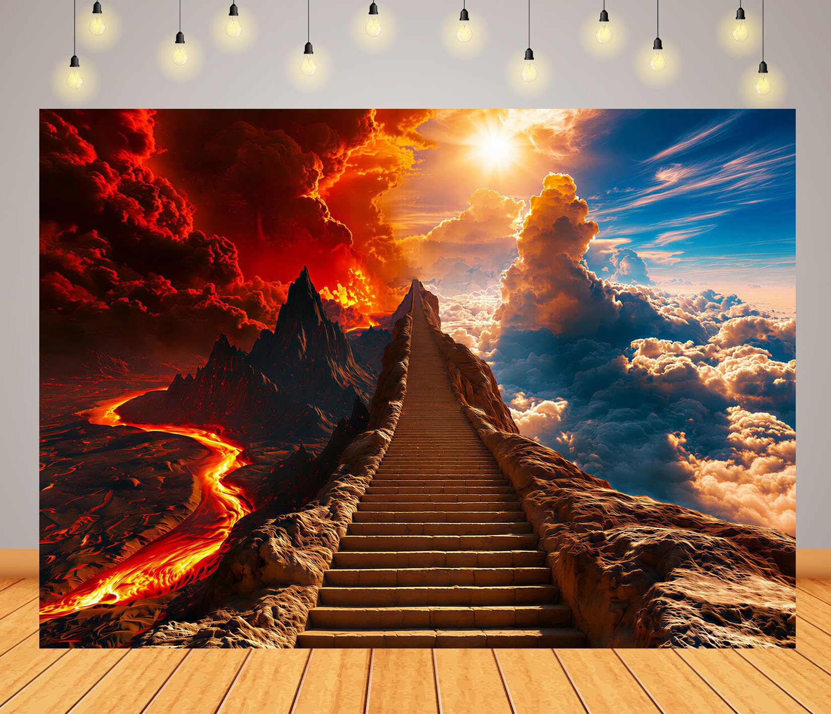 12x10FT (3.6x3m) Scala Tra Cielo E Inferno Sfondo Fotografico | Sentiero Tra Due Mondi Fondale In Tessuto,Lava Vulcanica E Orizzonte Luminoso,Feste Fantasy,Personalizzabile,Photo Booth