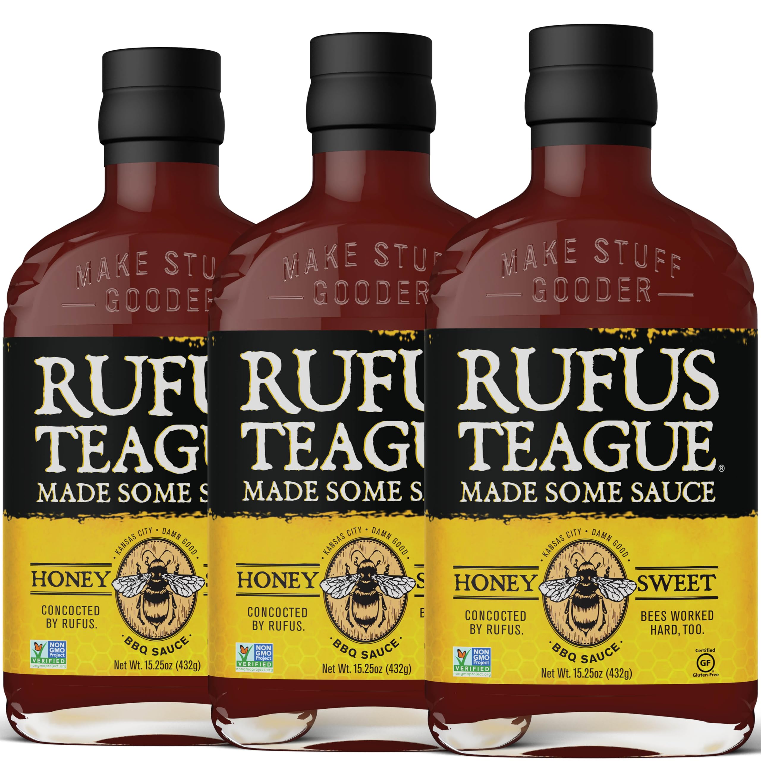 Rufus Teague Honey Sweet BBQ Sauce, 3 Pack, Premium Barbecue Sauces with Natural Ingredients, Award-Winning Bold Flavor, Gluten-Free, Non-GMO, 15.25