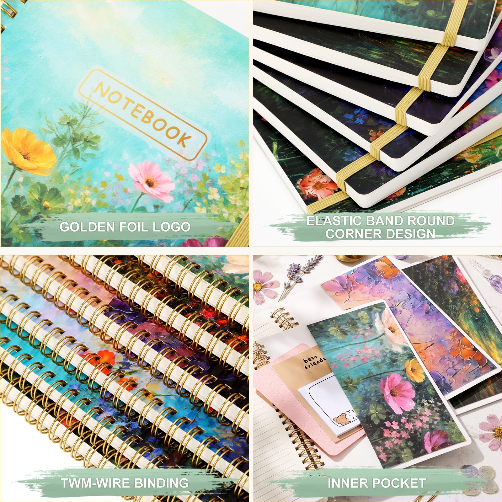 Resurhang 6 quaderni a spirale da donna, 20,3 x 15,2 cm, con pittura a olio floreale, a righe, 160 pagine, copertina rigida, a spirale, con tasca posteriore, quaderno per appunti universitari per