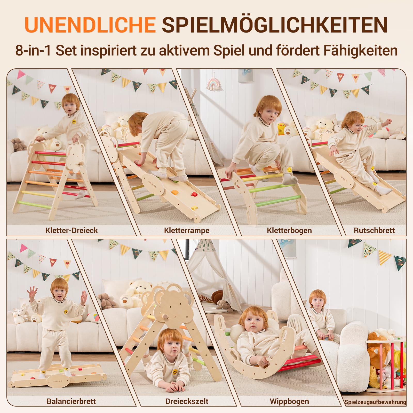 COSYLAND Klettergerüst Indoor L - Montessori Indoor Spielset mit Kletterbogen & Rutsche -8-in-1 Massivholz-Spielplatz - Kletterbogen ab 1 Jahr - Warmfarben