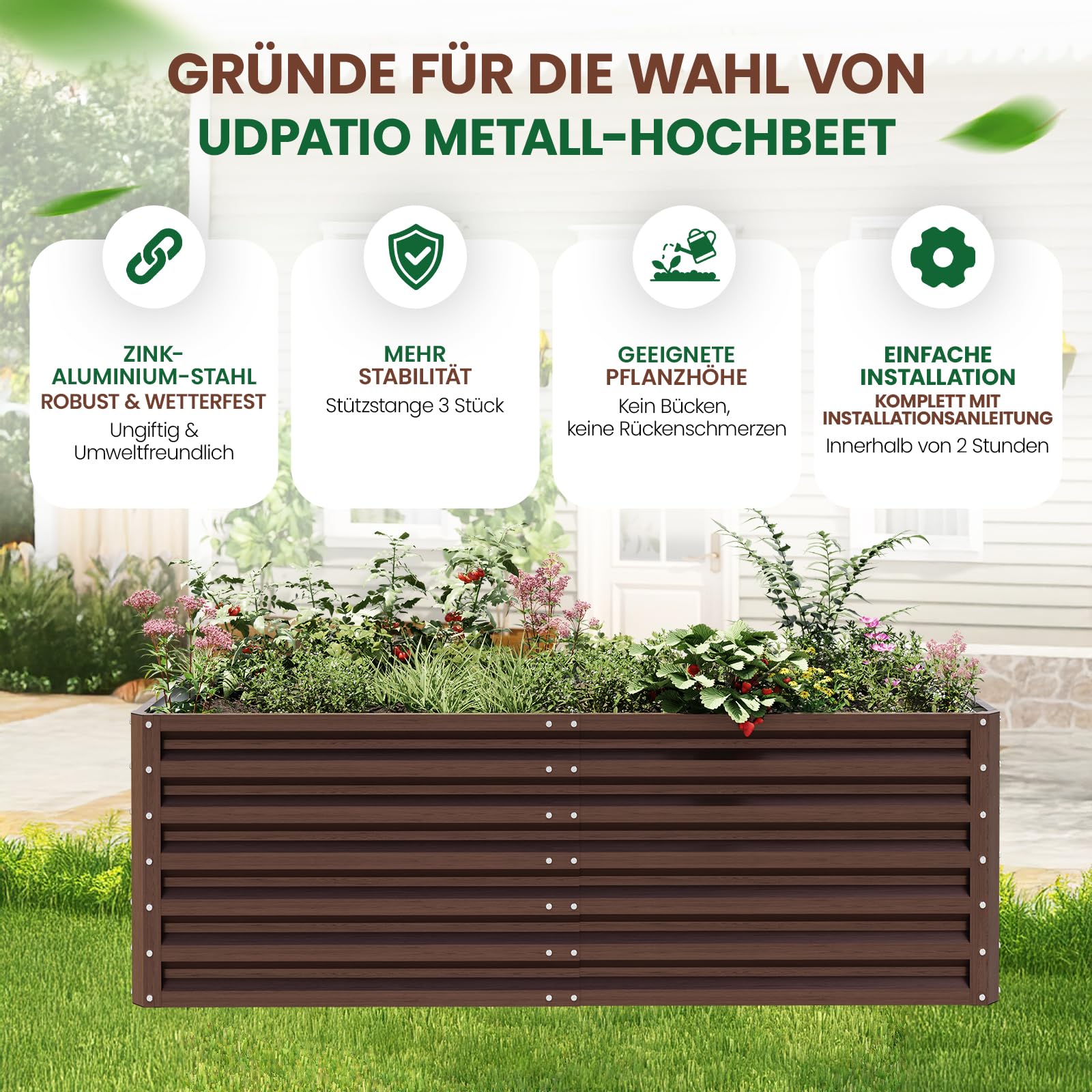 UDPATIO Podwyższona grządka z metalu, 180 x 60 x 90 cm, zestaw 2 szt., cynkowo-aluminium, wolnostojąca podwyższona grządka do ogrodu i na balkon, 970 l, skrzynka na rośliny do ogrodu, do uprawy warzyw