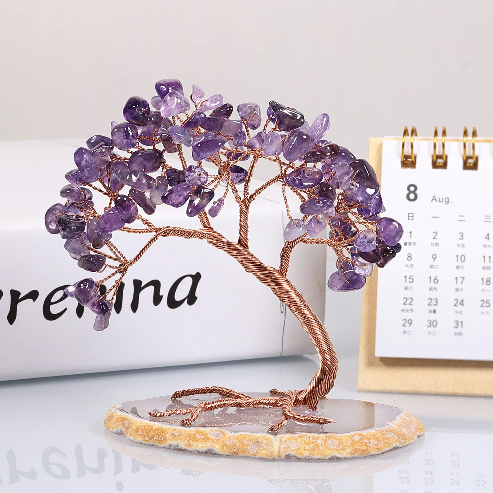 mookaitedecor Natural Amethyst Feng Shui Money Tree with Agate Slice Base for Desk Decor Wealth Luck Healing Crystal Stone Tree Ornaments - Image 3