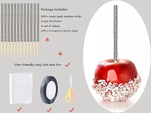 Miniatura 9 de Kits de palitos de manzana con 24 palitos de bambú de manzana de 6 pulgadas con diamantes de imitación de caramelo, 24 bolsas un par de tijeras un