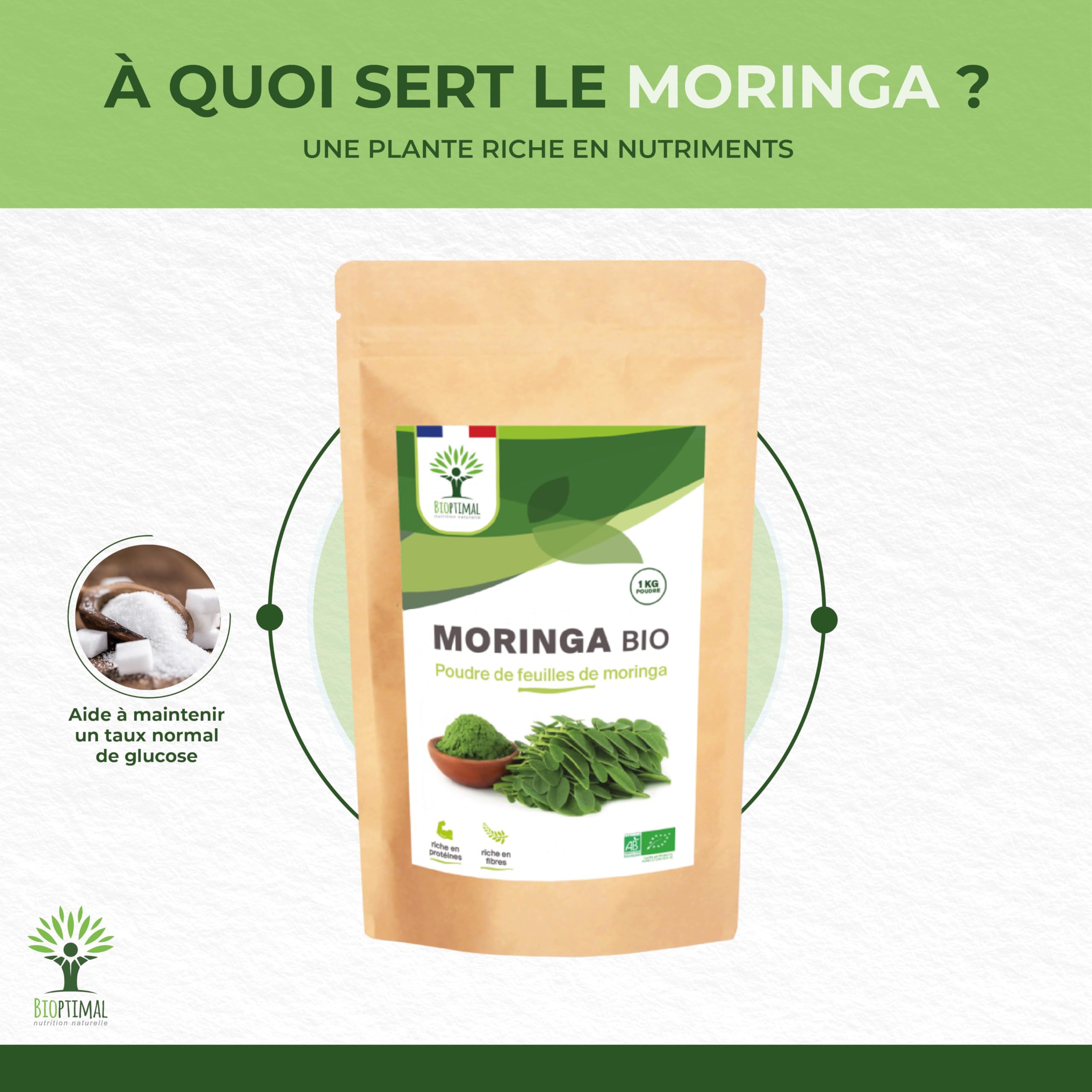 Moringa Bio - Bioptimal - En Poudre - 100% Feuille de Moringa Oleifera - Antioxydant Immunité Anti-Fatigue Cheveux - Vitamine A C E - Origine Kenya - Conditionné en France - Certifié Ecocert - 1kg