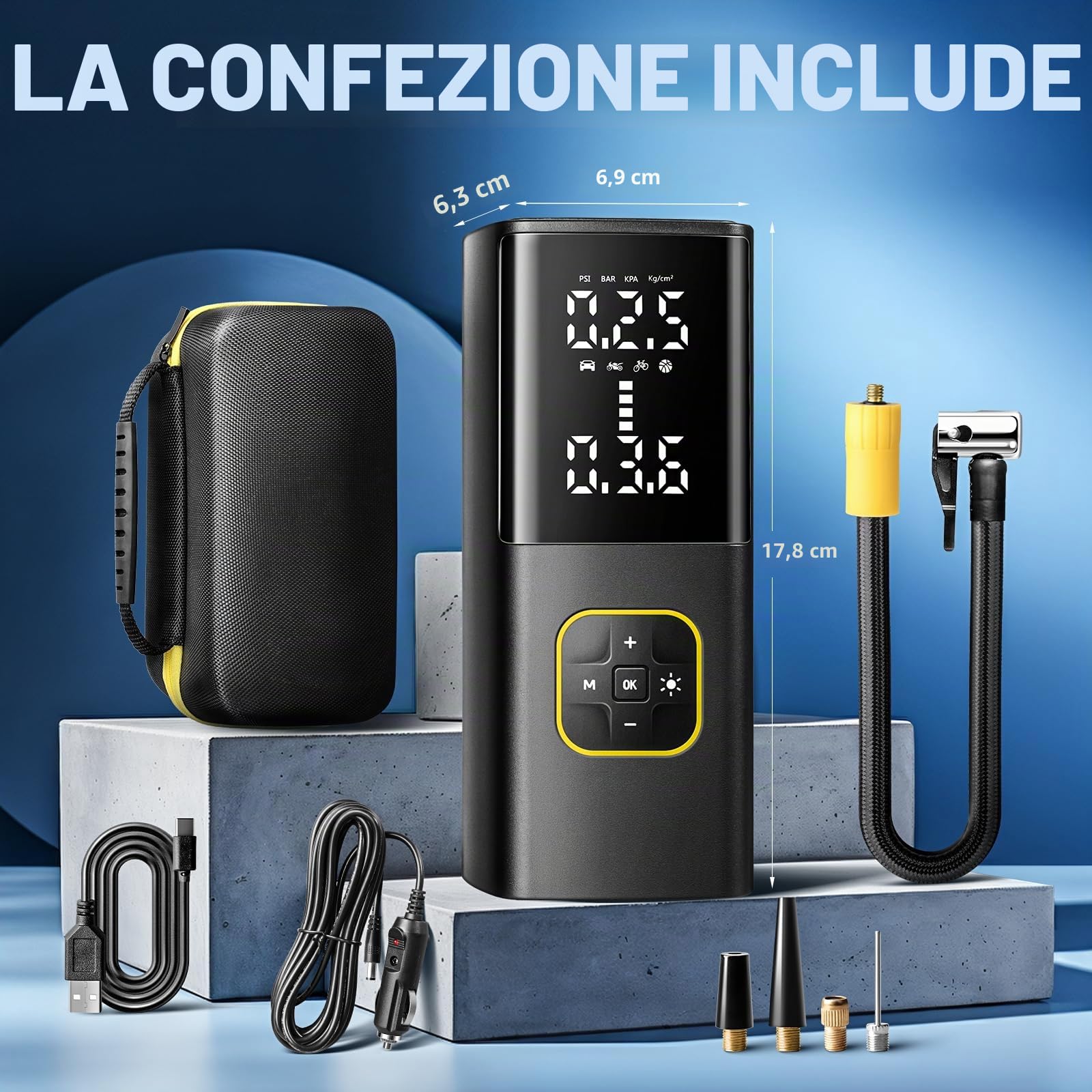 Zune Lotoo Compressore d'aria portatile ricaricabile per pneumatici auto, 150 psi, alimentato a batteria, senza fili, con manometro digitale e spegnimento automatico, per bicicletta, moto, bici