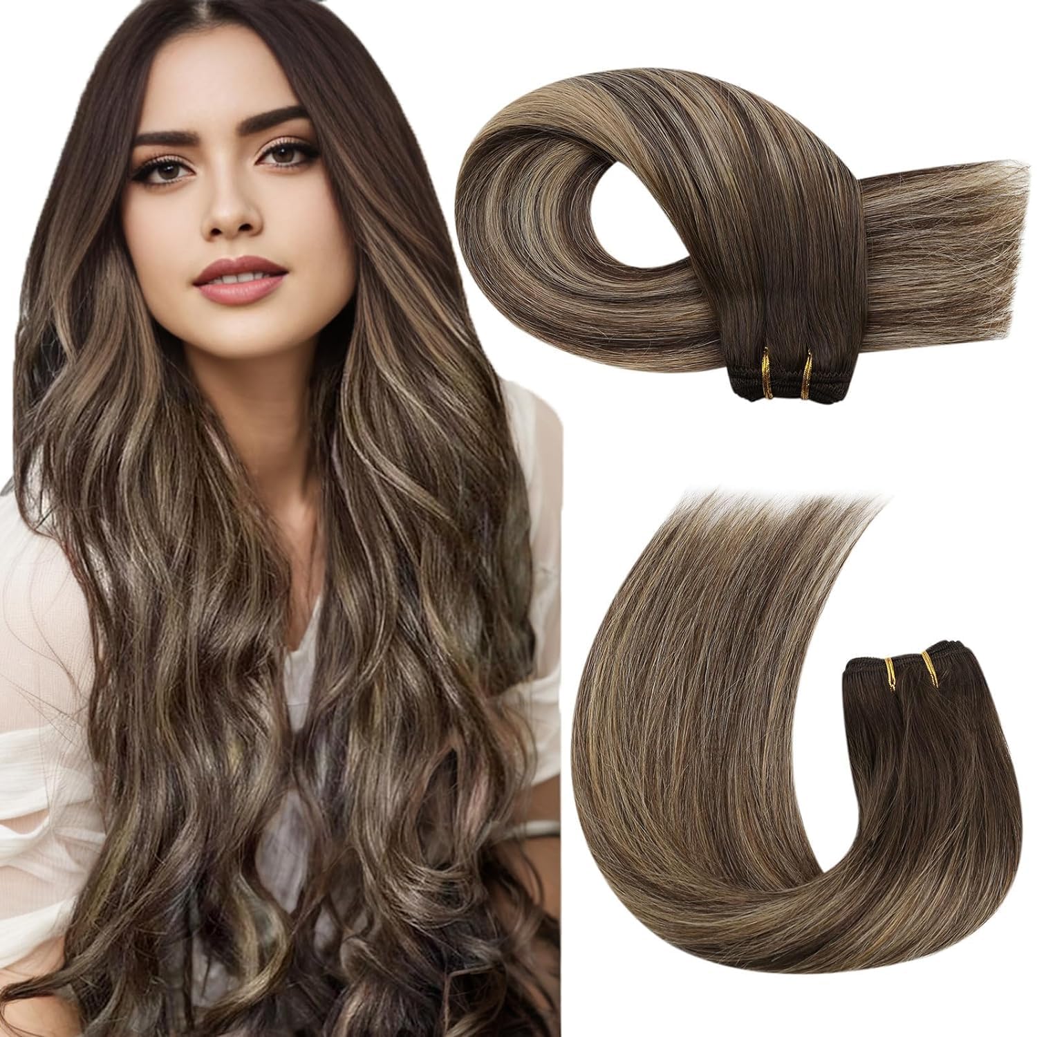 Moresoo Balayage Human Hair Extensions Weft 20 Inch 100G Double Weft Sew in Hair Extensions Remy Hair Brown Ombre to Caramel Blonde #4/27/4 — view 32
