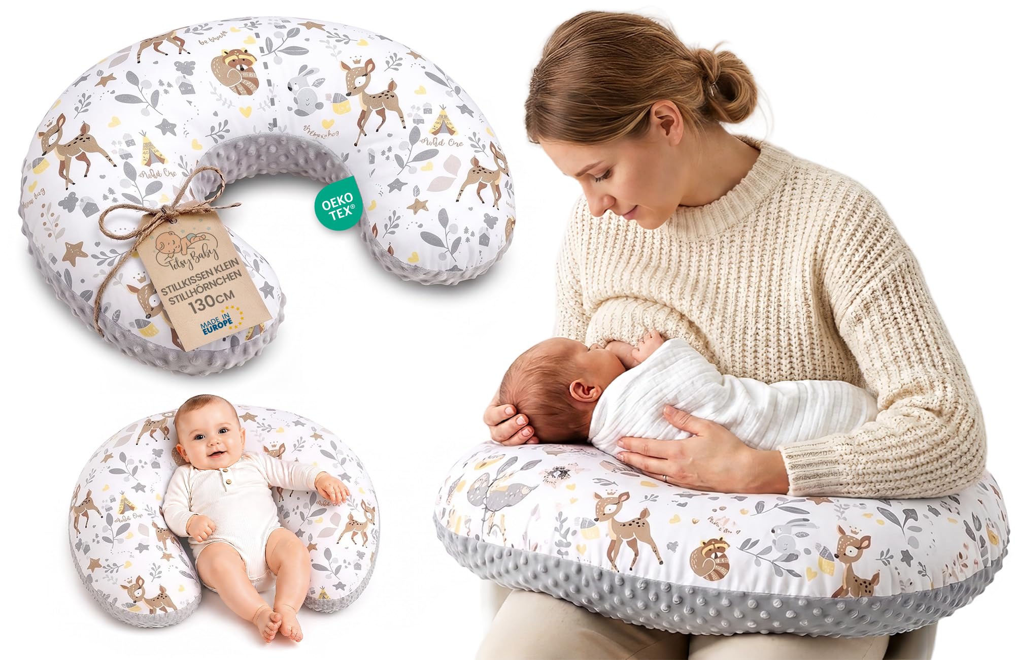 Totsy Baby Coussin Allaitement et Grossesse 130 cm- Coussins d'allaitement Bebe et Oreiller de maternité pour Femme Enceinte Minky Petit oreillers Maternite Oeko-Tex Cerf Gris