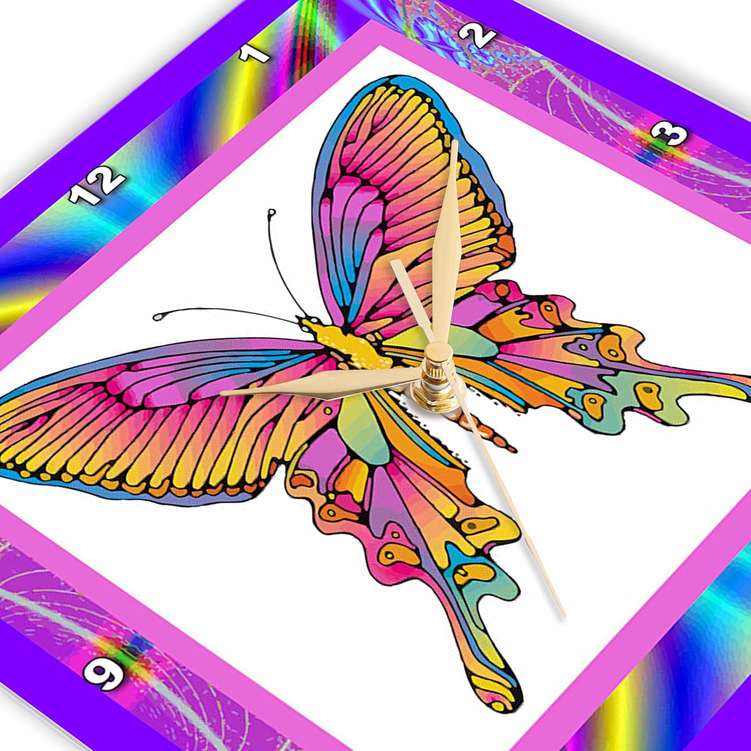 3dRose Wall Clock Silent - 15 inch - Psychedelic Butterfly - Designs Retro Themes